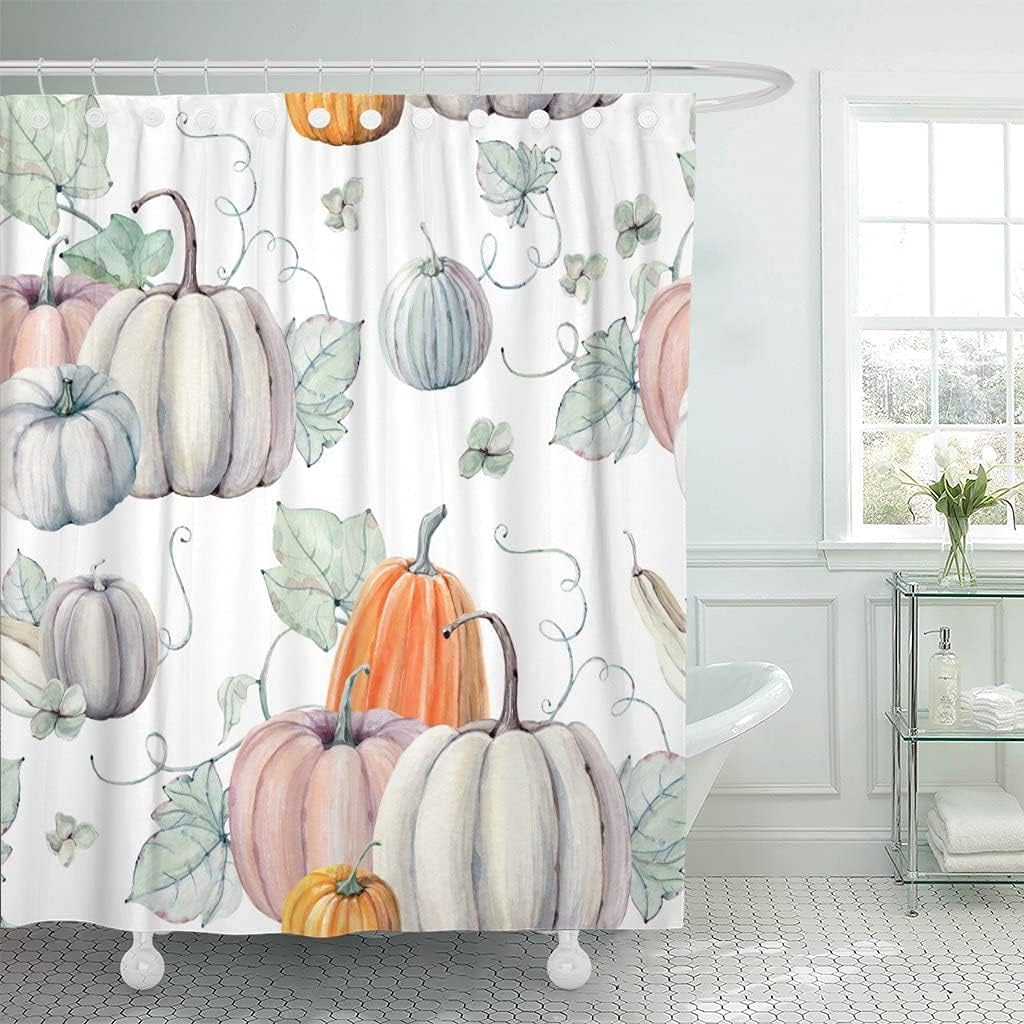 Emvency Shower Curtain Fall Watercolor Pumpkins It is for Thanksgiving Halloween Design Recipe Harvest Waterproof Polyester Fabric 72 x 72 Inches Set with Hooks