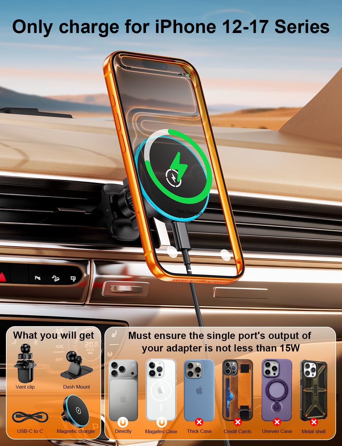 for Magsafe Car Mount Charger, [100% Stable] 15W 2 in1 Magnetic Wireless Car Charger, Vent/Dashboard Phone Holders for Your Car for Women Men Car Phone Holder Car Charger for iPhone 17 16 15 14 13