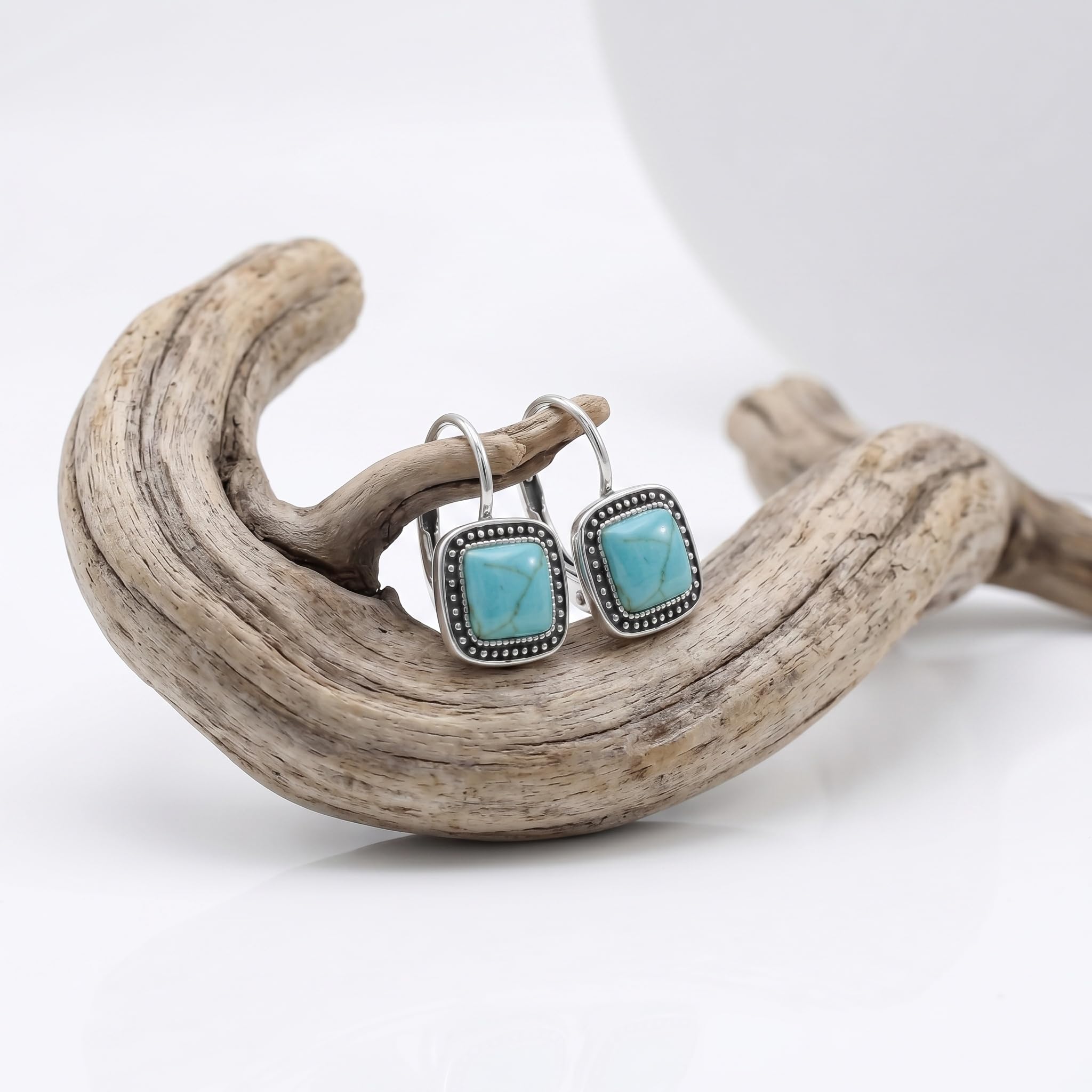 Ohrring mit natürlichem Türkis, 925er Sterlingsilber, Klappverschluss, quadratische Türkis-Hängeohrringe, Western-Schmuck, Geschenkidee für Damen