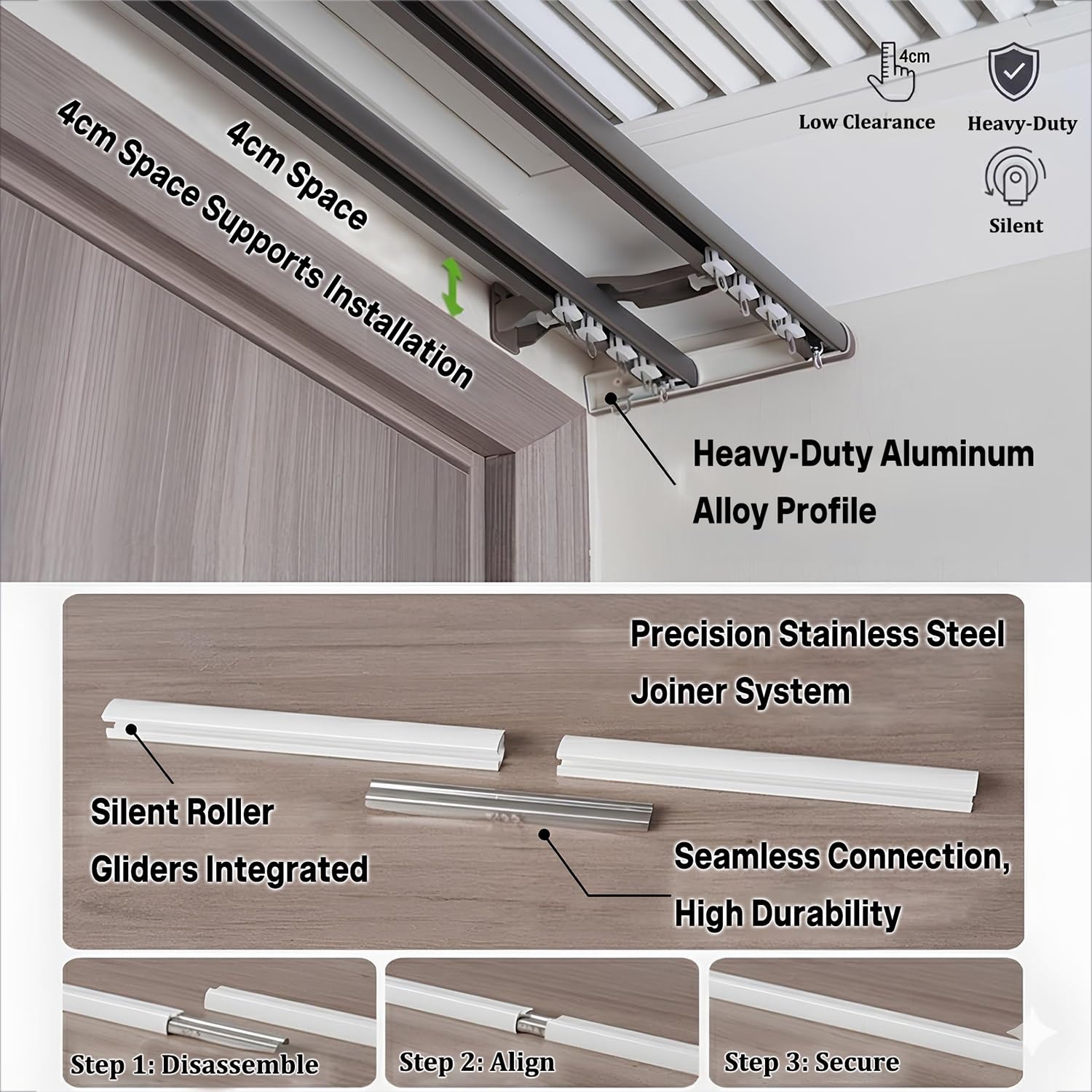 Juego de rieles de aluminio para montaje en pared y techo de 1 a 6 m, con rodillos y accesorios, ideal para dormitorio, sala de estar, decoración del hogar y divisor de habitaciones (gris, 1,4 m