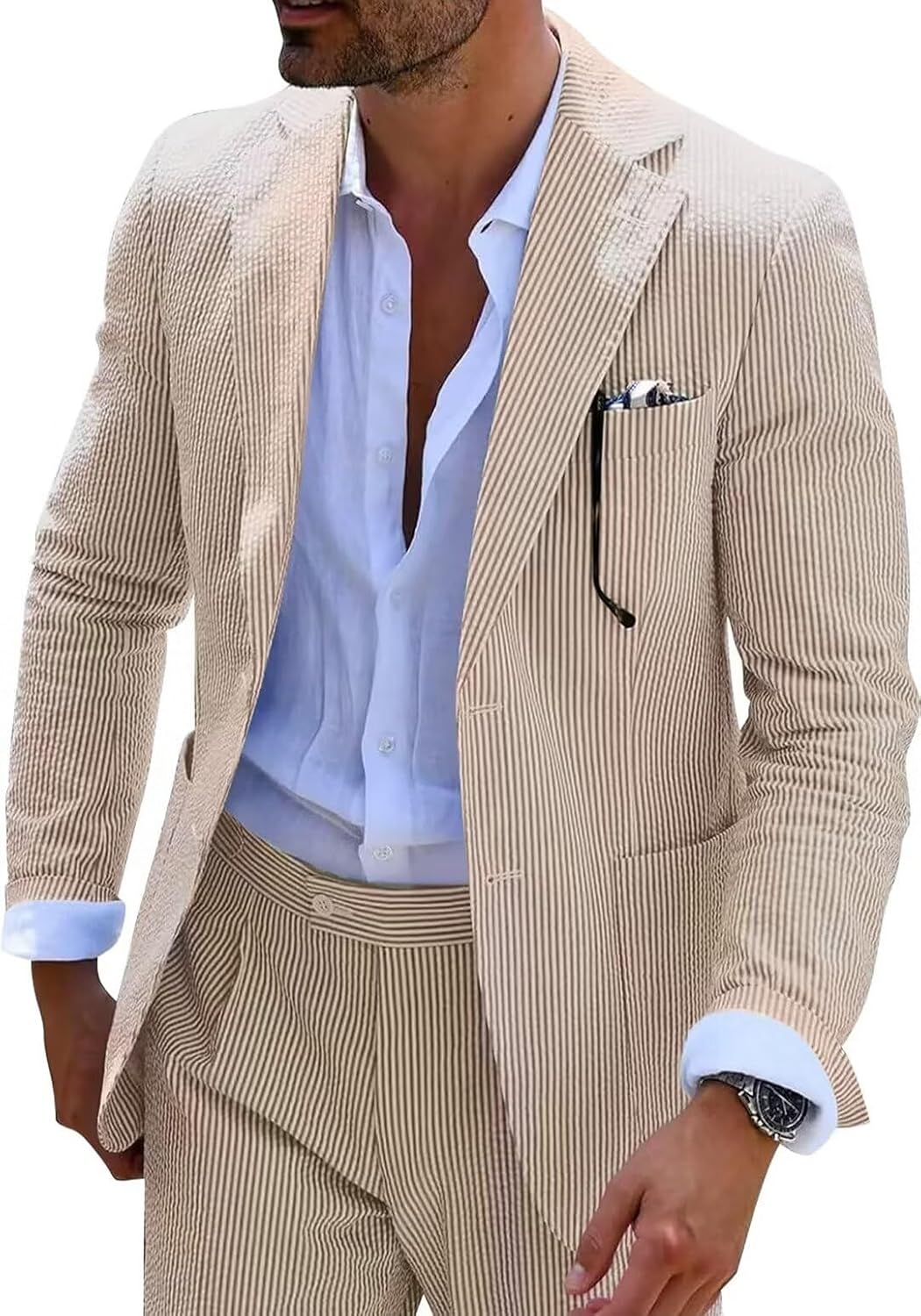 Seersucker Slim Suits for Men Formal Casul Summer Beach Wedding Grooms 2 Piece Blazer Pants Party Striped Suit Sets