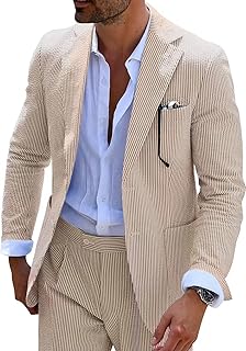 Seersucker Slim Suits for Men Formal Casul Summer Beach Wedding Grooms 2 Piece Blazer Pants Party Striped Suit Sets