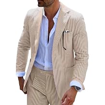 Seersucker Slim Suits for Men Formal Casul Summer Beach Wedding Grooms 2 Piece Blazer Pants Party Striped Suit Sets