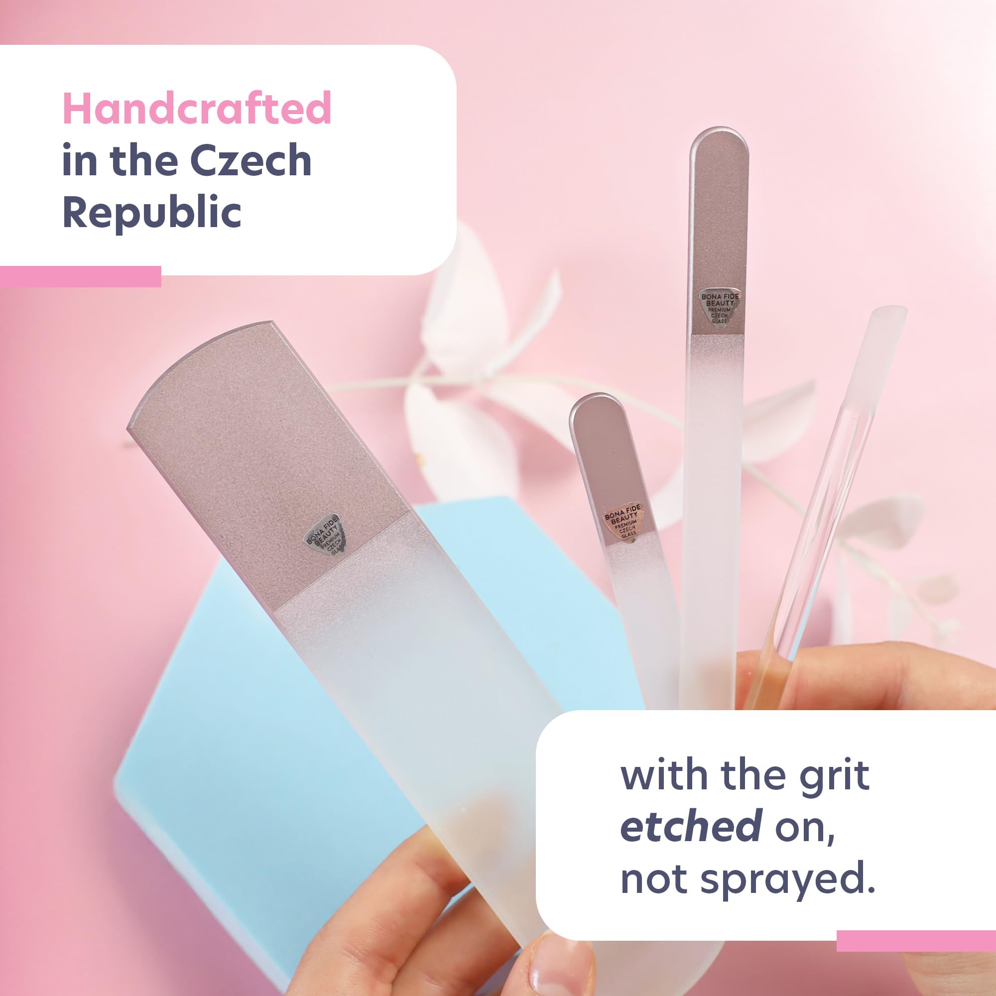 Juego de regalo de manicura de cristal checo de alta calidad, listo para regalar, juego de manicura y pedicura con caja de regalo en oro rosa, vidrio checo Bona Fide Beauty
