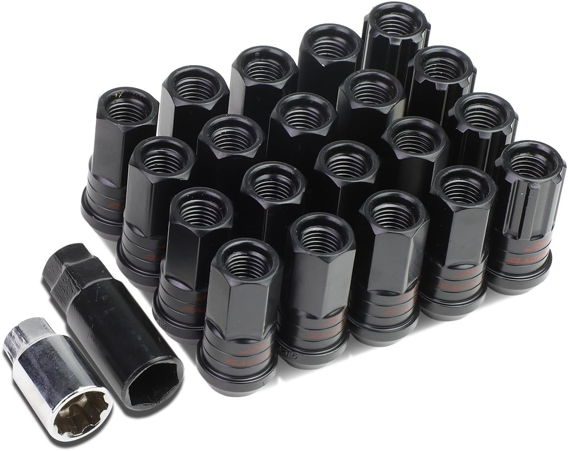 DNA Motoring LN-ZTL-9017-125-BK 16Pcs M12 x 1.25 Open End Steel Wheel Lug Nuts w/Lock Nut + Key + Extension Adapter, 25mm OD/45mm H (Black)