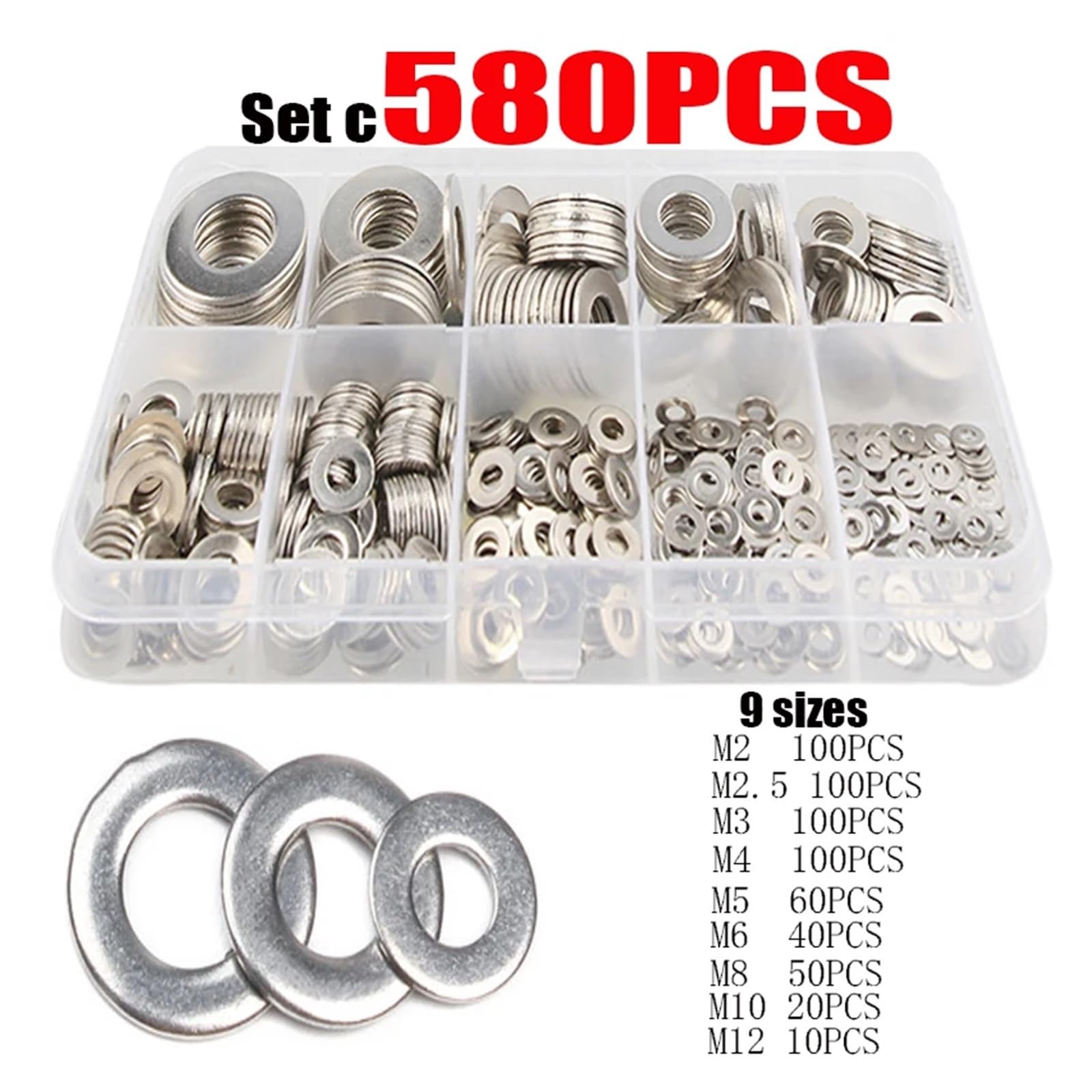 180/360/580/684/1010 STK. M2 M2.5 M3 M4 M5 M6 M8 M10 M12 304 Edelstahl-Unterlegscheibe Einstelldichtungs-Sortiment(580PCS M2M12)