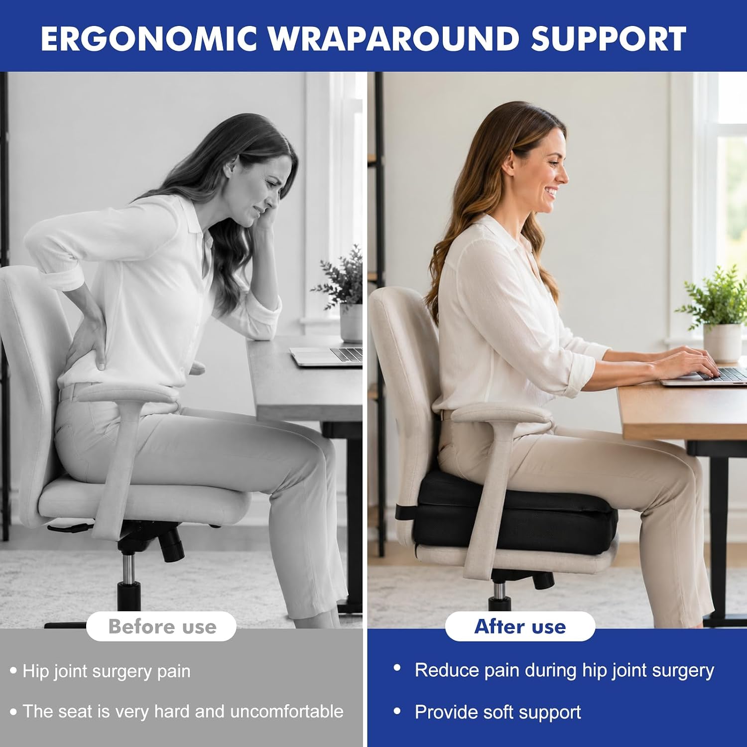 Memory Foam Seat Cushion for Long Sitting, Adjustable Height Booster Seat Cushion for Office Chair, Hip Cushion Post Surgery Recovery, Hip Replacement Cushion, Non-Slip Bottom