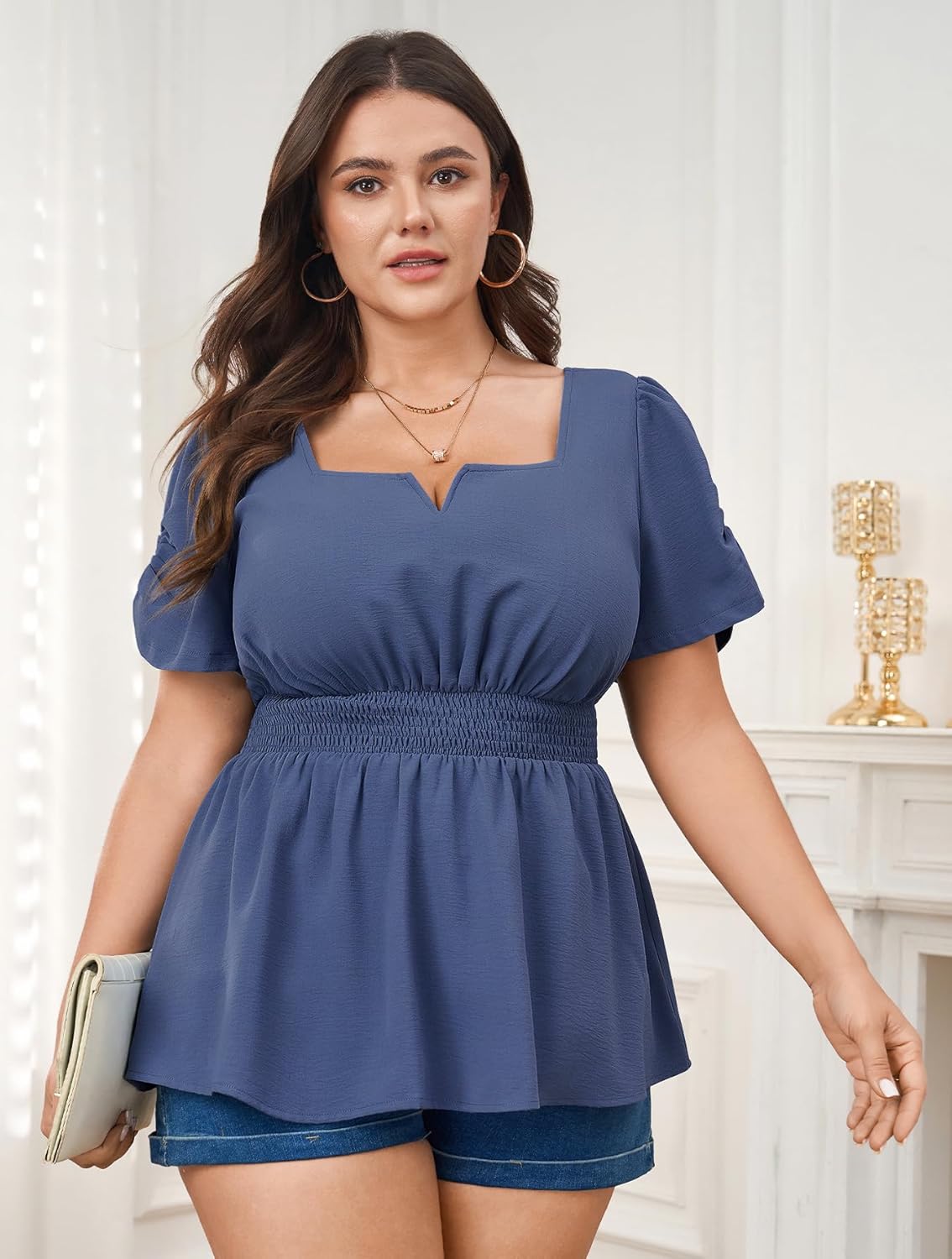 SCOMCHIC Womens Plus Size Tops Square Neck Peplum Blouse Top Short Sleeve Smocked Waist Ruffle Hem Babydoll Tops - Image 6
