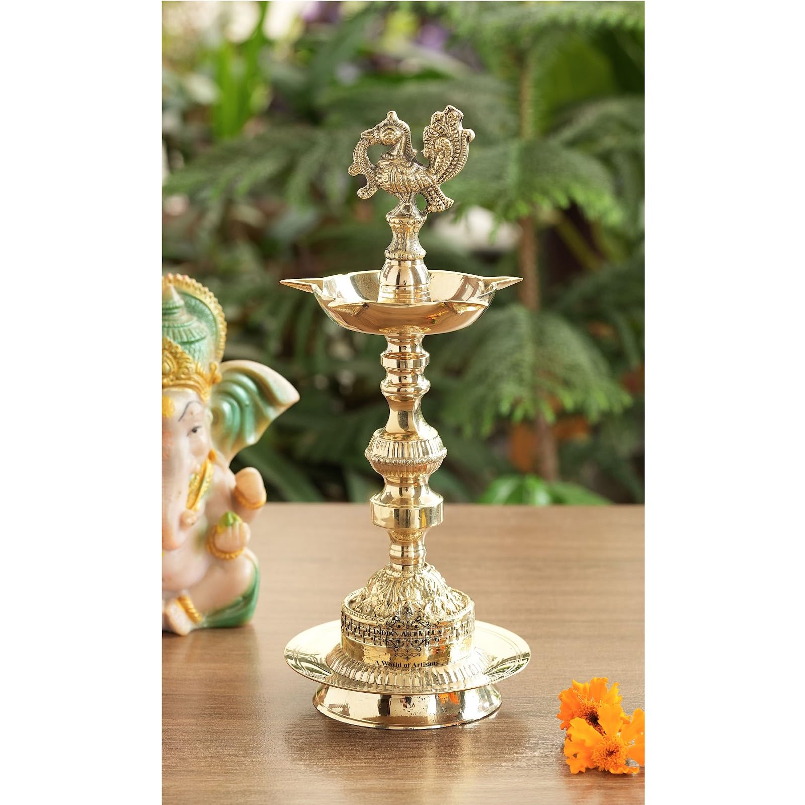 INDIAN ART VILLA Handcrafted Brass Standing Pillar Diya with Maharaja Murga Design, Deepawali Indian Item, 10 Inches-image-38
