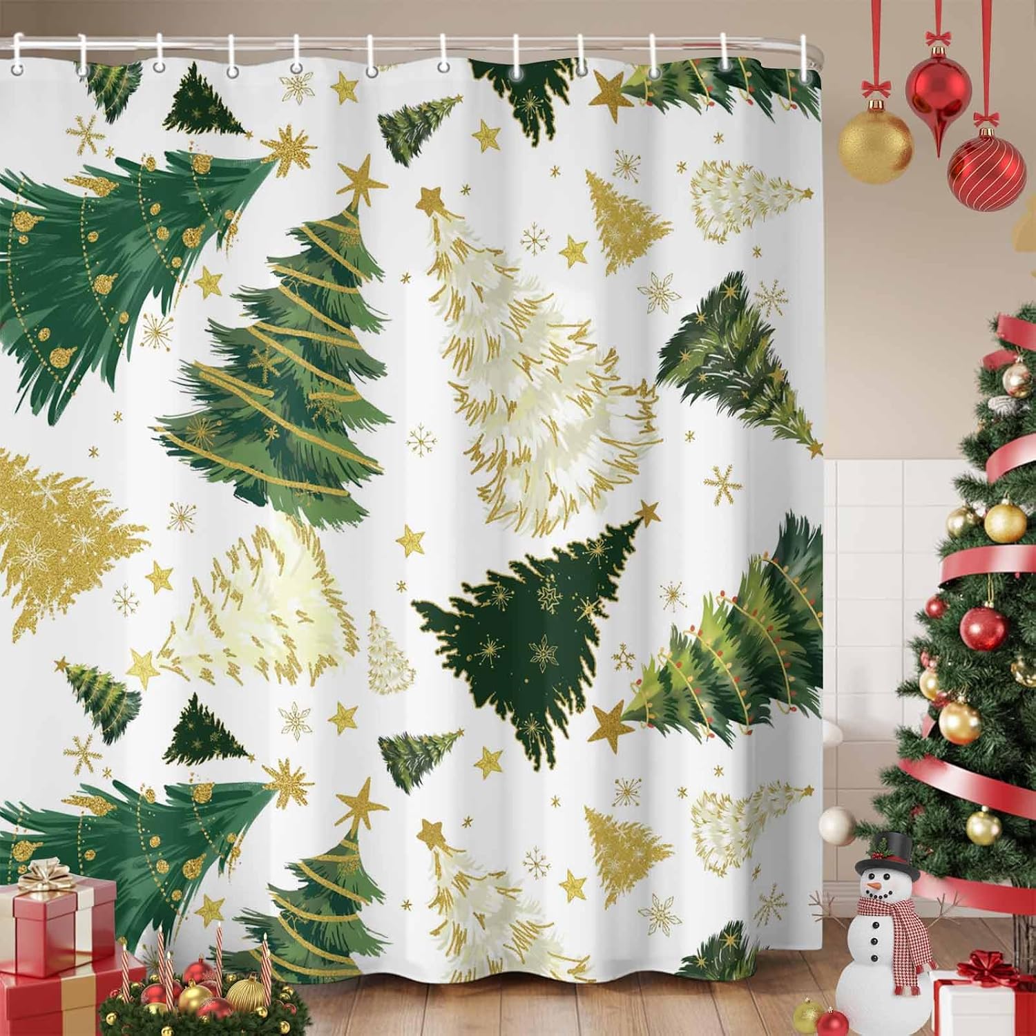 Christmas Tree Shower Curtain Set - Long 72" x 84" Green Golden Xmas Tree Washable Bathtub Curtain with 12 Hooks, Snowflake Waterproof Fabric Stall Shower Curtains for Bathroom Décor