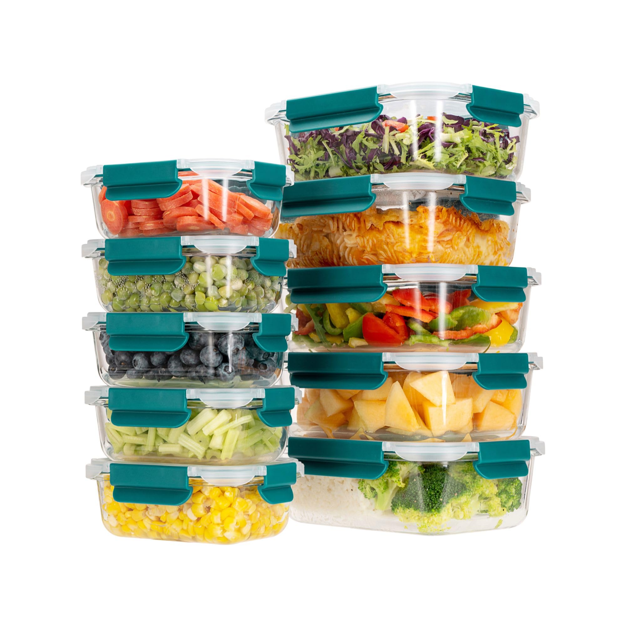 Houszy Green Glass Food Containers With Lids – Set Of 10 Borosilicate Glass Meal Prep Containers With Airtight Snap-Lock Lids – Oven, Microwave & Freezer Safe – 370Ml & 1050Ml (Green)