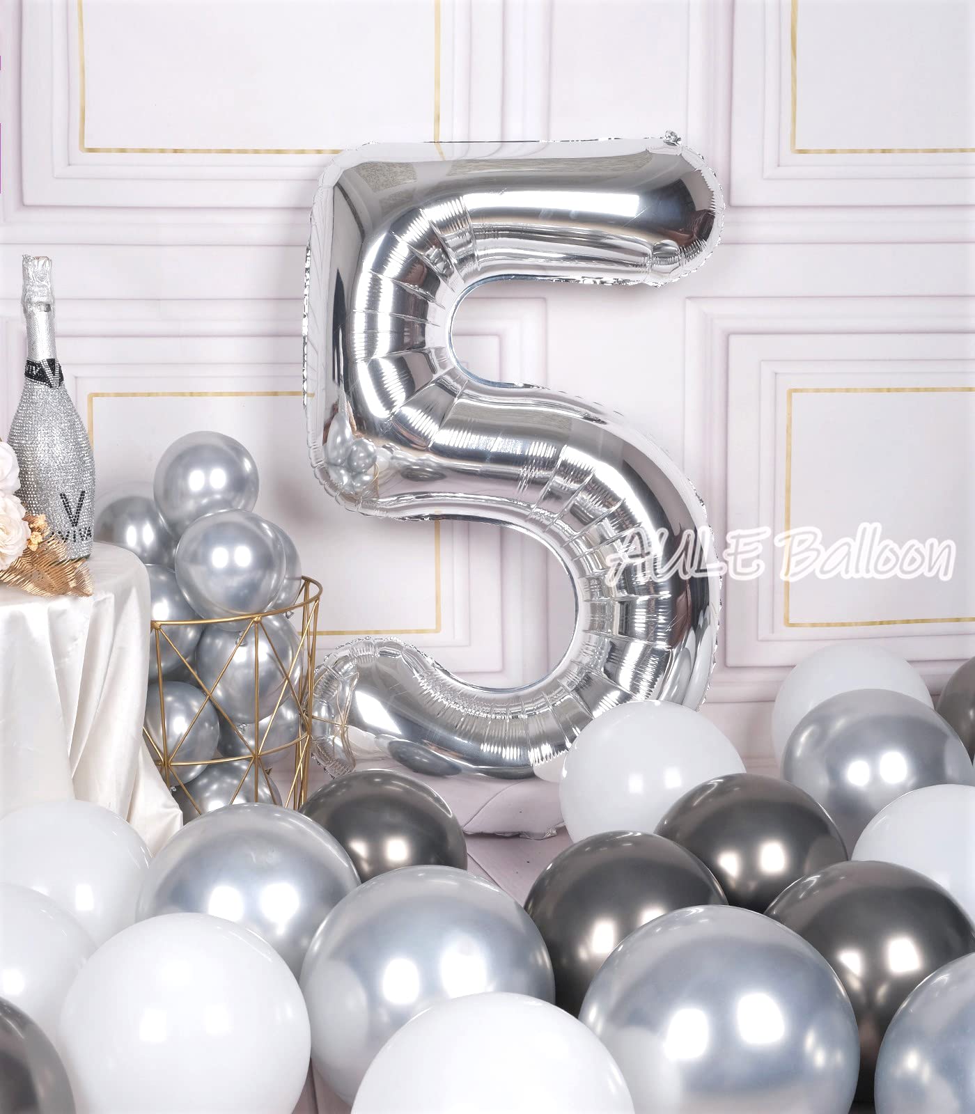 AULE 40 Inch Big Silver 5 Balloon Number Large Foil Helium Number Balloons 0-9 Jumbo Giant Happy 5th Birthday Party Decorations for Boy or Girl Huge Mylar Anniversary Party Supplies