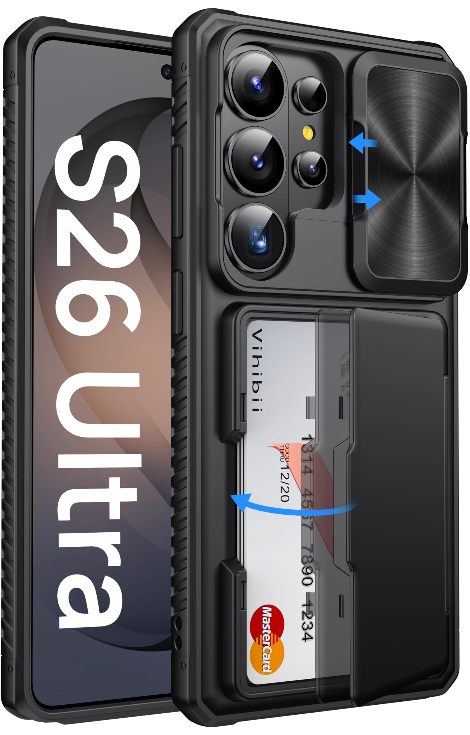 Vihibii for Samsung Galaxy S26 Ultra Case with Card Holder (4 Cards) RFID Blocking & Slide Camera Cover, Military Grade Drop Protection, Wallet Phone Case for Samsung Galaxy S26 Ultra 6.9" 2026, Black