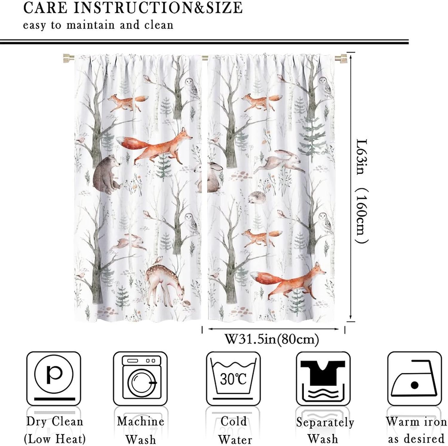 Rustic Forest Animal Curtains,Cartoon Wildlife Woodland Deer Bear Rabbit Fox Watercolor Jungle Curtains for Child Nursery Baby Boy Girl Bedroom Living Room Window Drapes 2 Panel Set 63" x 63"