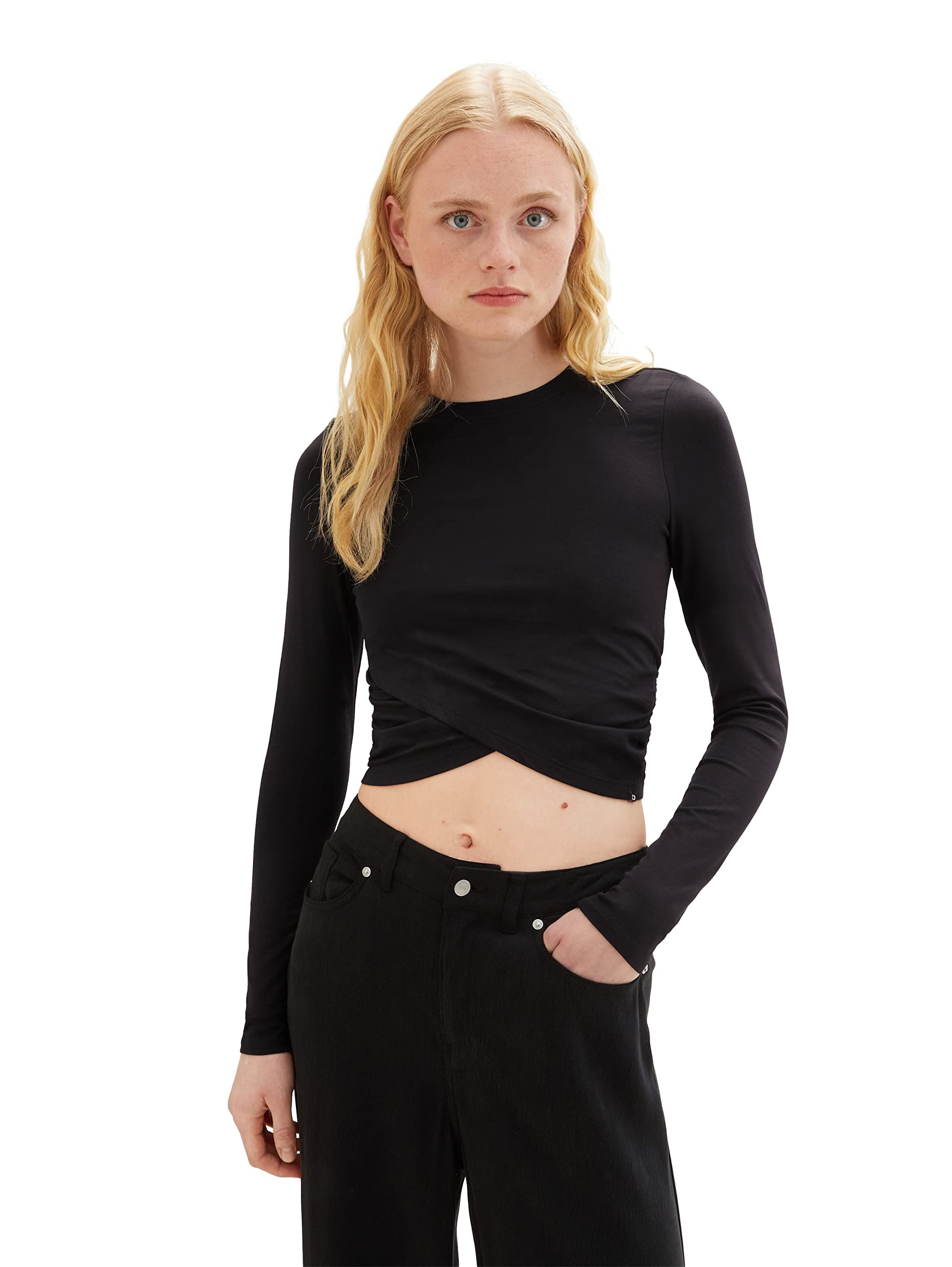 TOM TAILOR Denim Women's Wrap Long Sleeve Shirt, 14482 - Deep Black, XL
