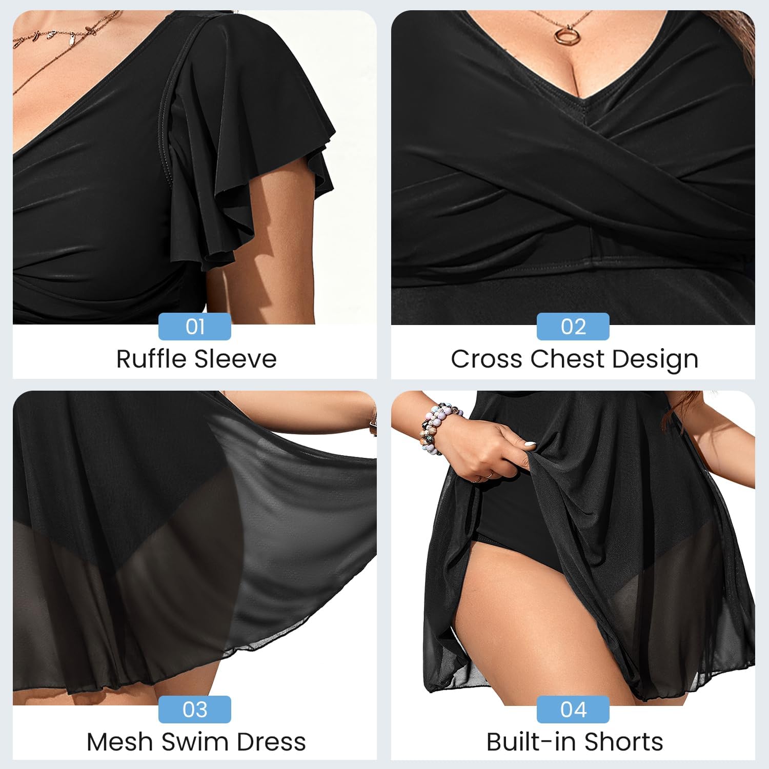 American Trends Plus Size Swimsuit for Women Swim Dress Tummy Control One Piece Bathing Suit V Neck Swimdress Ruffle Swimwear - Image 6