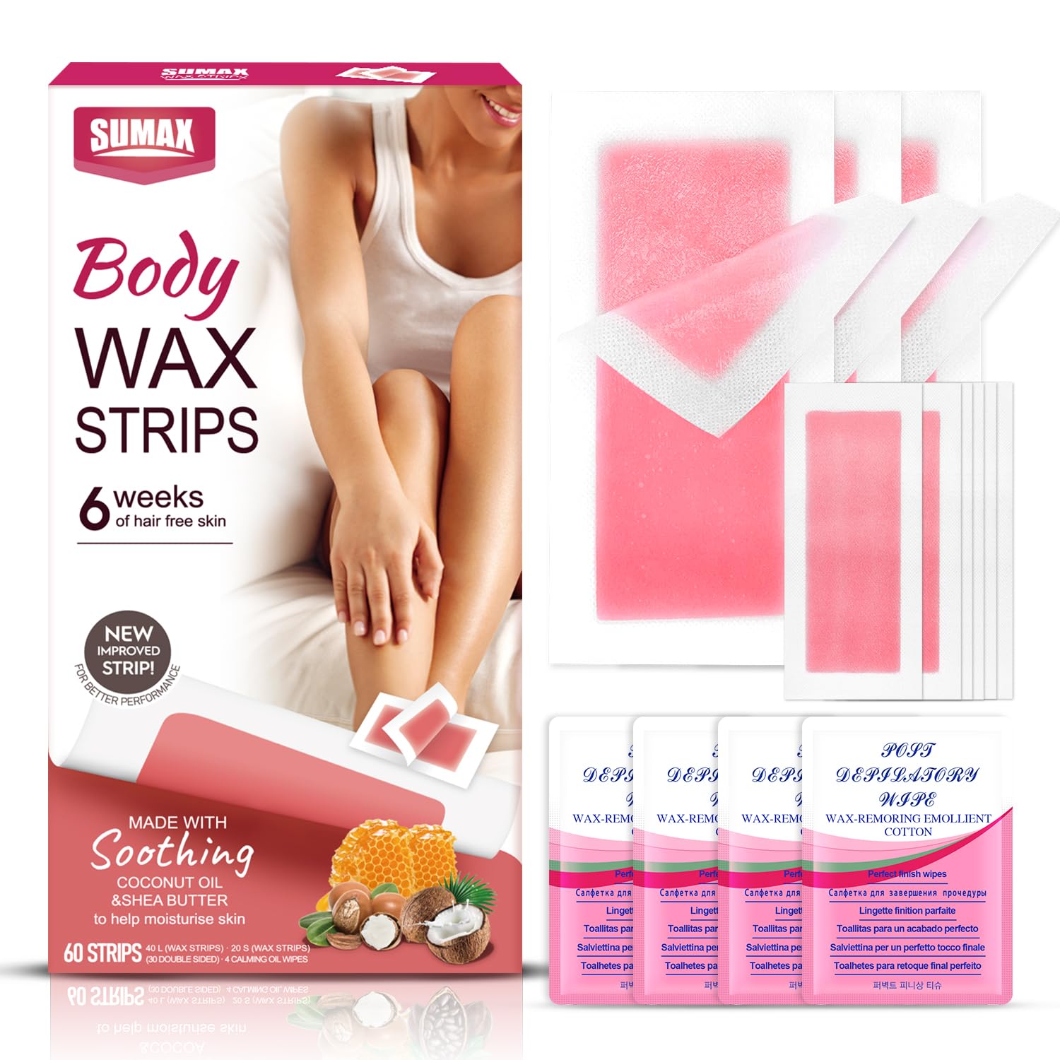 SUMAX Body Wax Strips for Hair Removal - Bikini & Facial Wax Strips (40+20 Count) for Eyebrows, Underarms & Brazilian Waxing