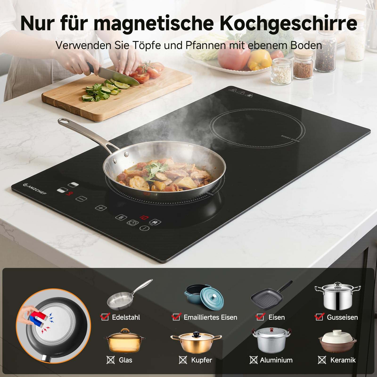 AMZCHEF Induktionskochfeld 2 Platten, 3700W Doppel Induktionskochplatte mit LED-Touchscreen, Sicherheitsschloss und Timer