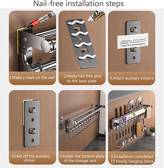 Hanging Wall Mount knife Wall Mount, Space-Saving Knife Rack with Hooks, Kitchen Organizer Storage Shelf for Utensils Spatula Spoon, Kitchen Utensil Hanger (Black, 50CM+10Hooks)