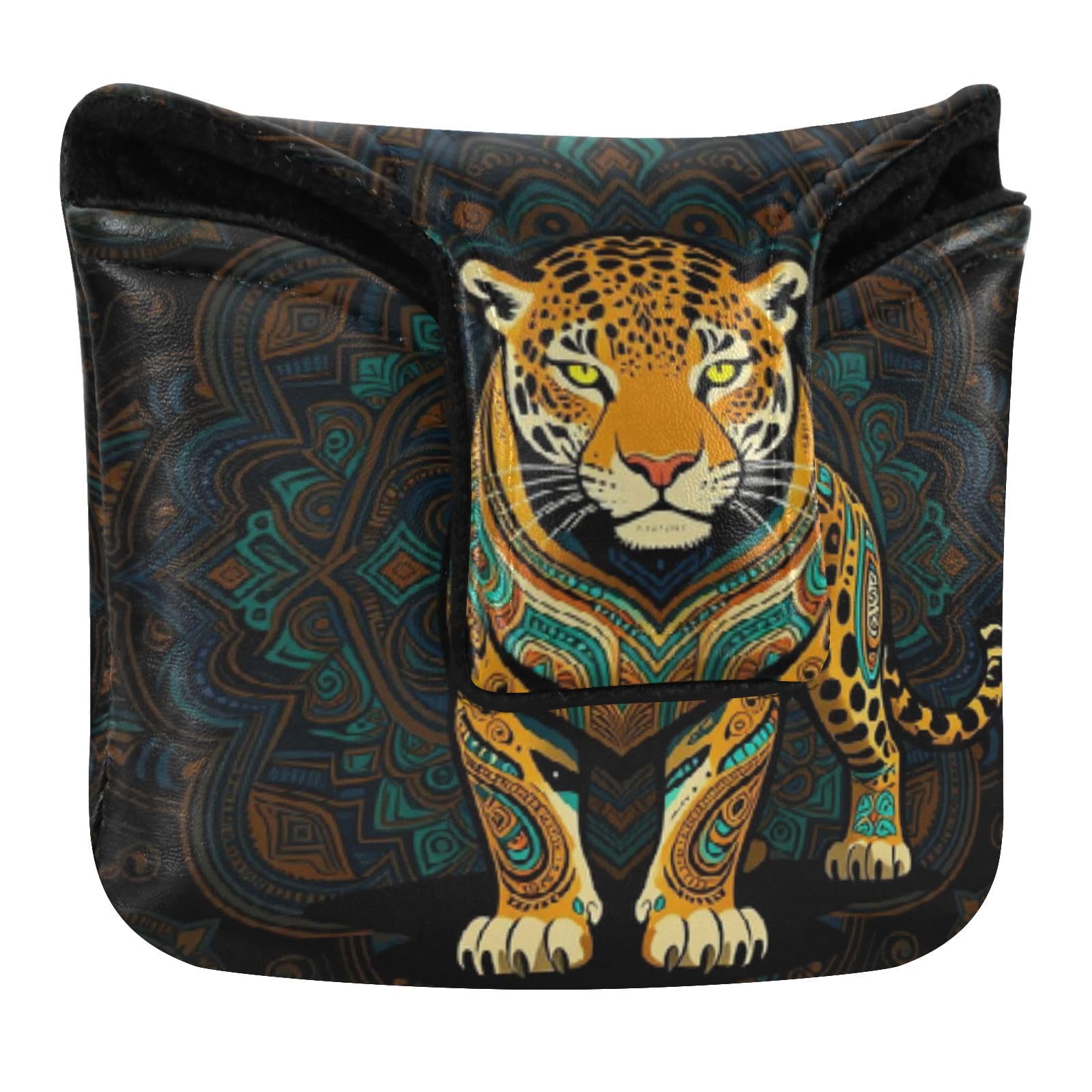 Putter Mallet Cover Magnetic Golf Putter Headcovers for Mallet Square PU Leather Mandala Art Jaguarzoo Tigers