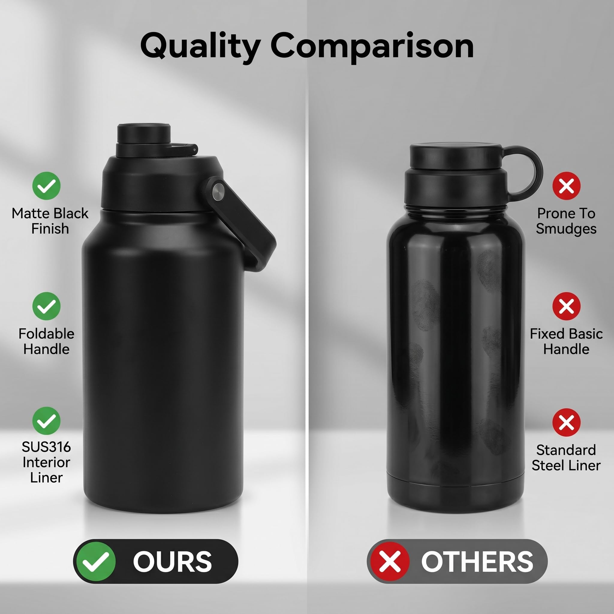 Bottiglia d'acqua isolata 3L, tazza termica in acciaio inossidabile SUS316, ampia apertura con manico, mantiene il freddo 48 ore al caldo 24 ore, per lo sport/viaggio (BLACK)