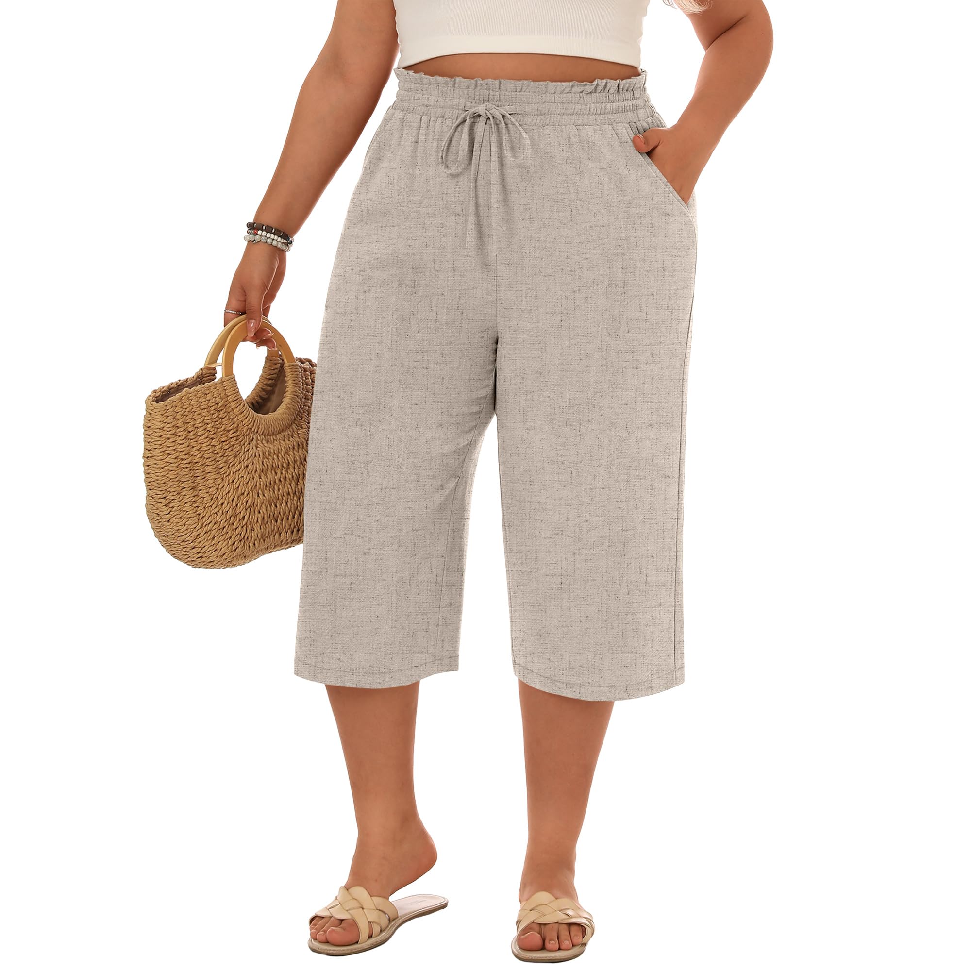 Neer Plus Size Women's Linen Capri Baggy Wide Leg Pant Casual High Waisted Drawstring Lounge Trouser with Pockets