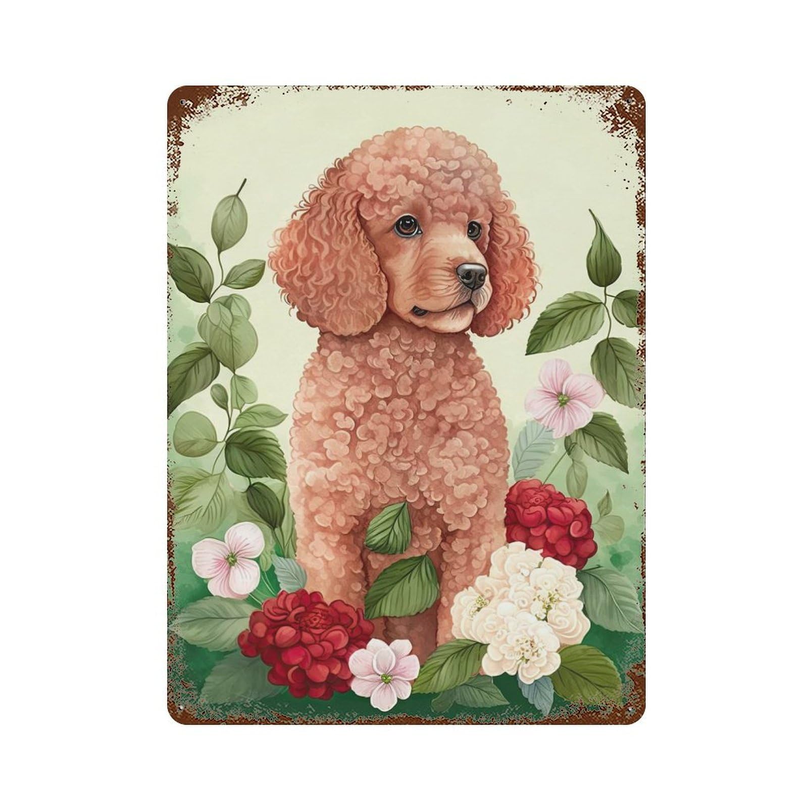Vintage Rust Metal Sign with Poodle Floral Portrait Design 15.7"x11.8", for Farmhouse, Kitchen And Entryway Decor, Novelty Wall Decor