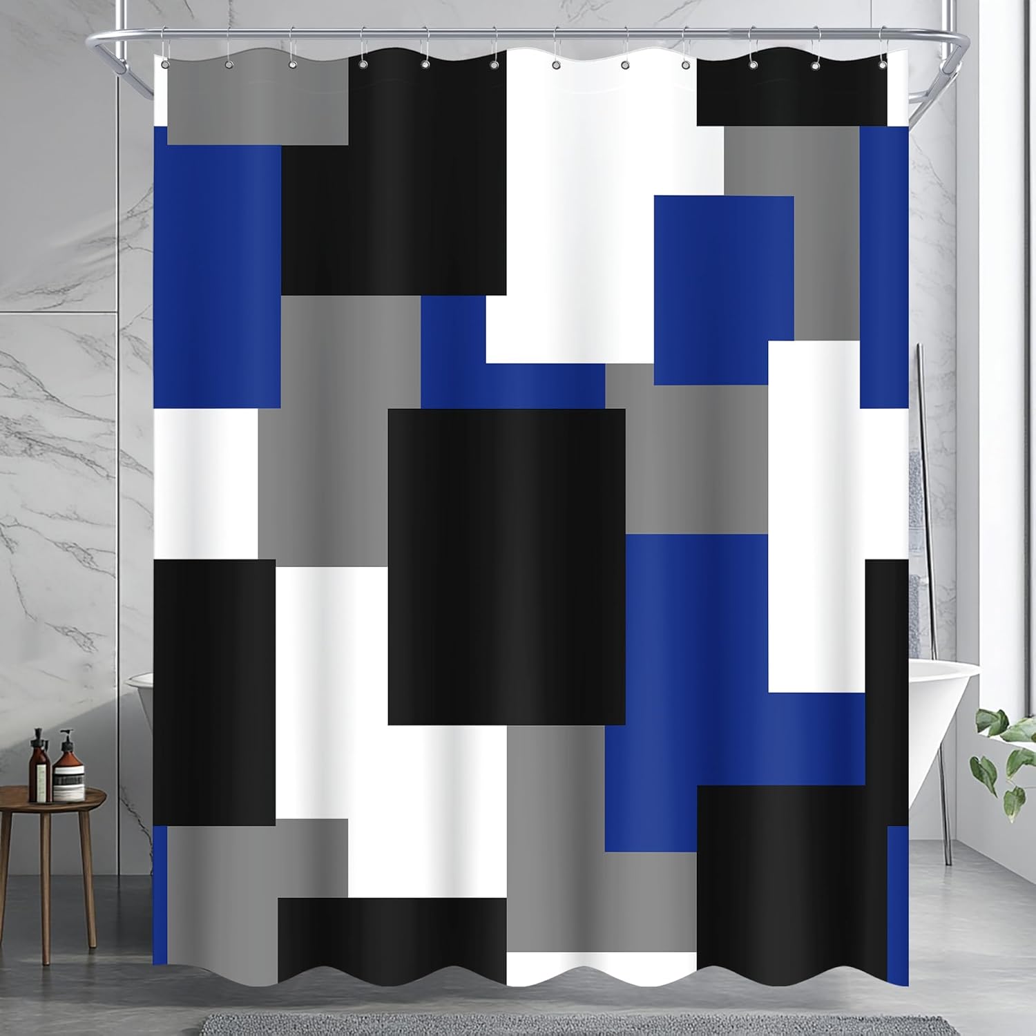 Tyrot Blue Shower Curtain Modern Abstract Royal Blue and Grey Shower Curtain Set for Bathroom Minimalist Decorative Fabric Bath Curtain Waterproof Polyester Shower Curtains with Hooks, 72x72 Inch