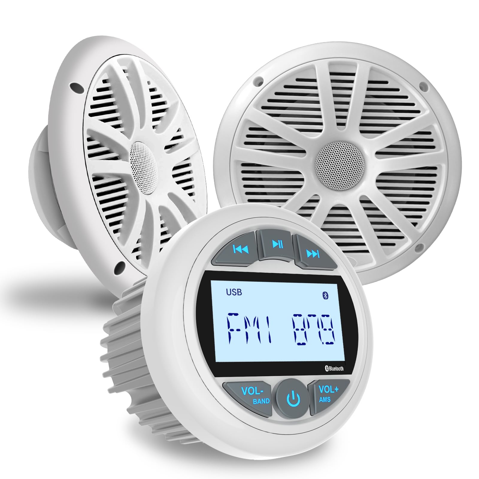 Radio marina con altavoces de 6.5 pulgadas: Bluetooth medidor de barco estéreo - pantalla LCD AUX USB subwoofer AM FM receptor para ATV UTV carrito de golf RZR