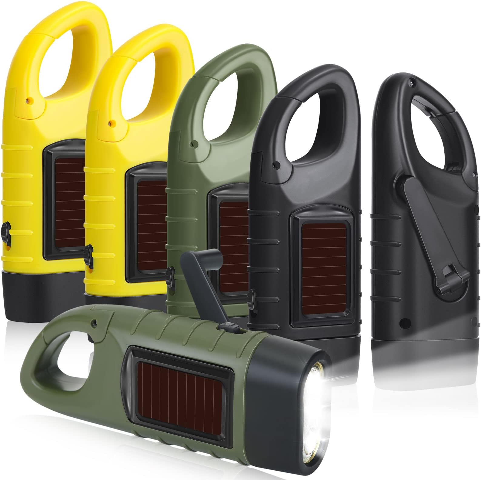 Mudder 6 Pcs Hand Crank Solar Powered Flashlights Emergency Rechargeable LED Handheld Flashlights for Survival Gear Outdoor Sports Camping Hiking Backpack Safety(Green Yellow Black)