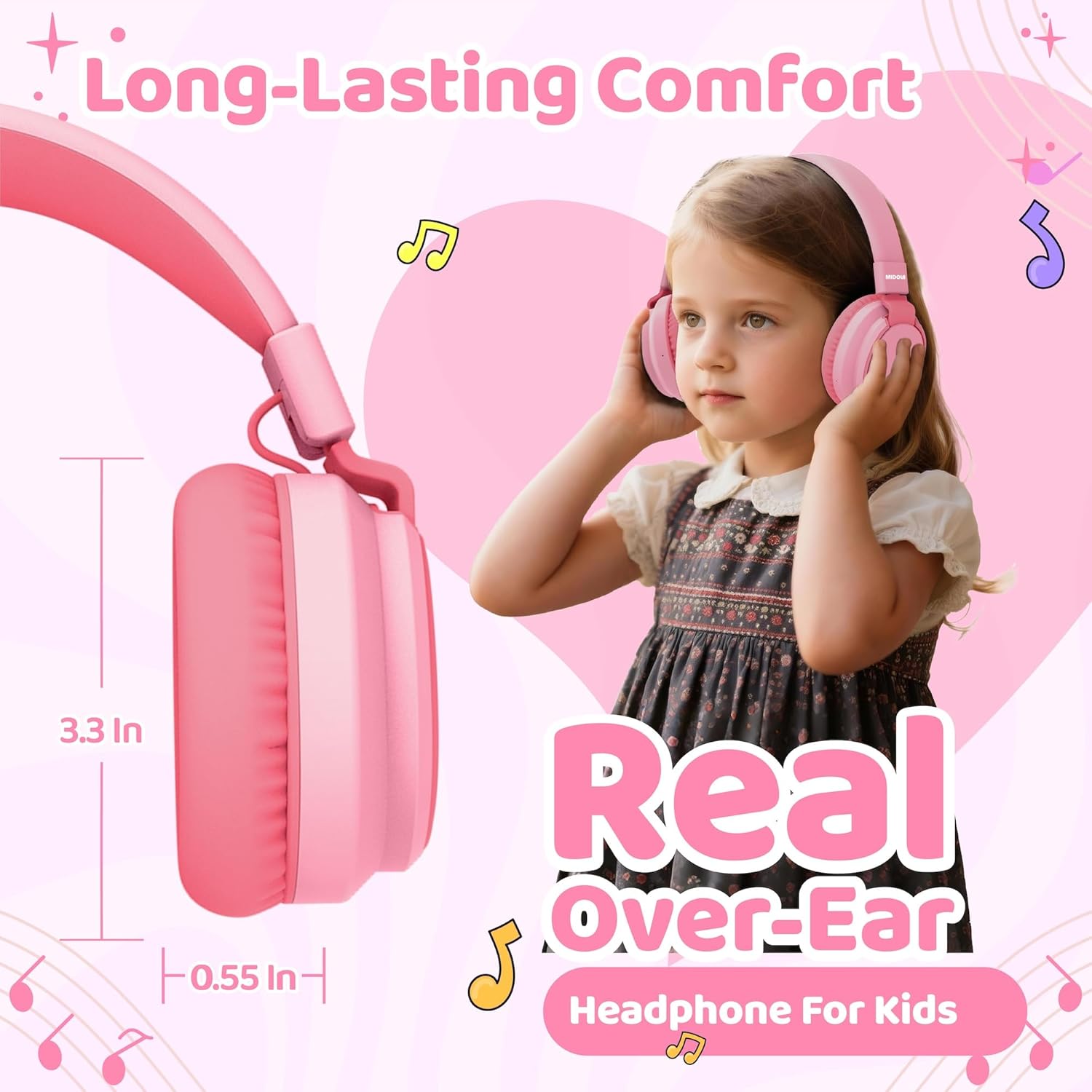 MIDOLA Kids Headphones Wireless Bluetooth 5.4 68H Play Time Volume Limit 85/94dB Over-Ear Foldable Headset,Type-C Fast Charging,with Wired Aux Mic for Toddler Boy Girl Pad Tablet Pink - Image 5