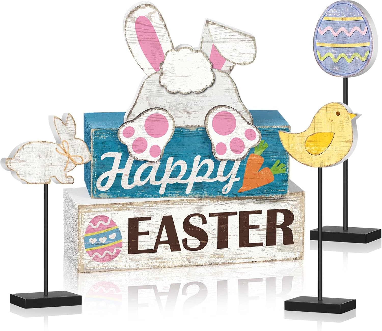 DoubleFill 6 Pcs Happy Easter Table Decorations Spring Wooden Bunny Tabletop Centerpieces Easter Egg Tiered Tray Decor Rustic Tall Standing Block Sign for Farmhouse Home Mantel Office