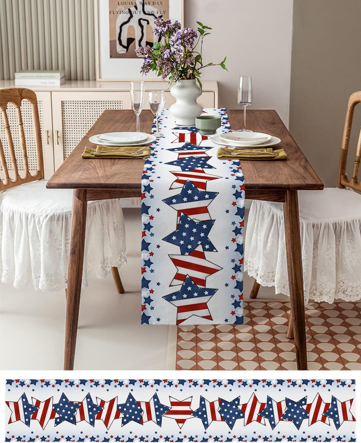 Independence Day Table Runner 120 Inches Long Farmhouse Burlap Table Runners Dresser Scarf Independence Day Patriot Pentagram American Flag Blue Linen Decoration for Party Dinner Kitchen 13"x120"