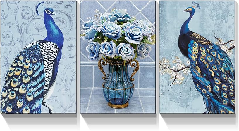 Amazon Com Looife 孔雀帆布牆面藝術裝飾30 5 X 40 6 公分3 片復古藍孔雀情侶花瓶giclee 印刷品畫廊包裝優雅動物羽毛背景藝術室內裝飾 居家與廚房