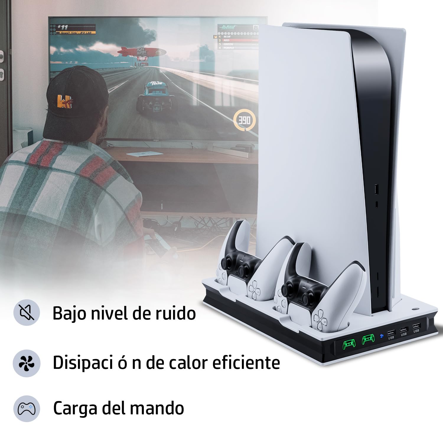 Mcbazel Soporte de Refrigeración Vertical para PS5 CFI-1016 y 1116AB,Estación de Refrigeración LED con Carga de Doble Mando para PlayStation 5 - Blanco (No para PS5 CFI-2016AB I Pro CFI-7021AB01)