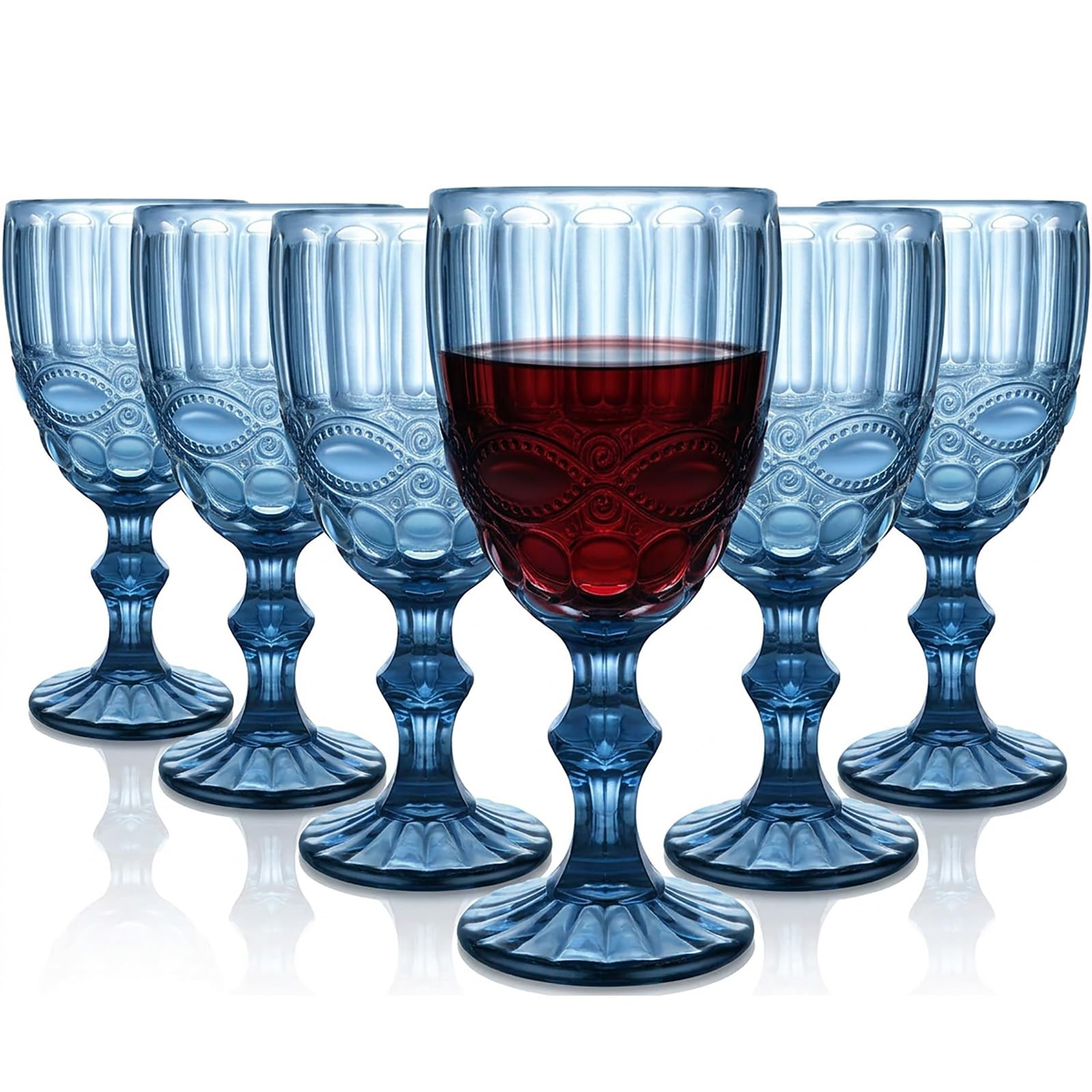 Lot de 6 verres à vin rouge vintage de 300 ml - Verres à vin en cristal - Pour mariage, cocktail, maison, restaurant, fête, Noël - Bleu clair
