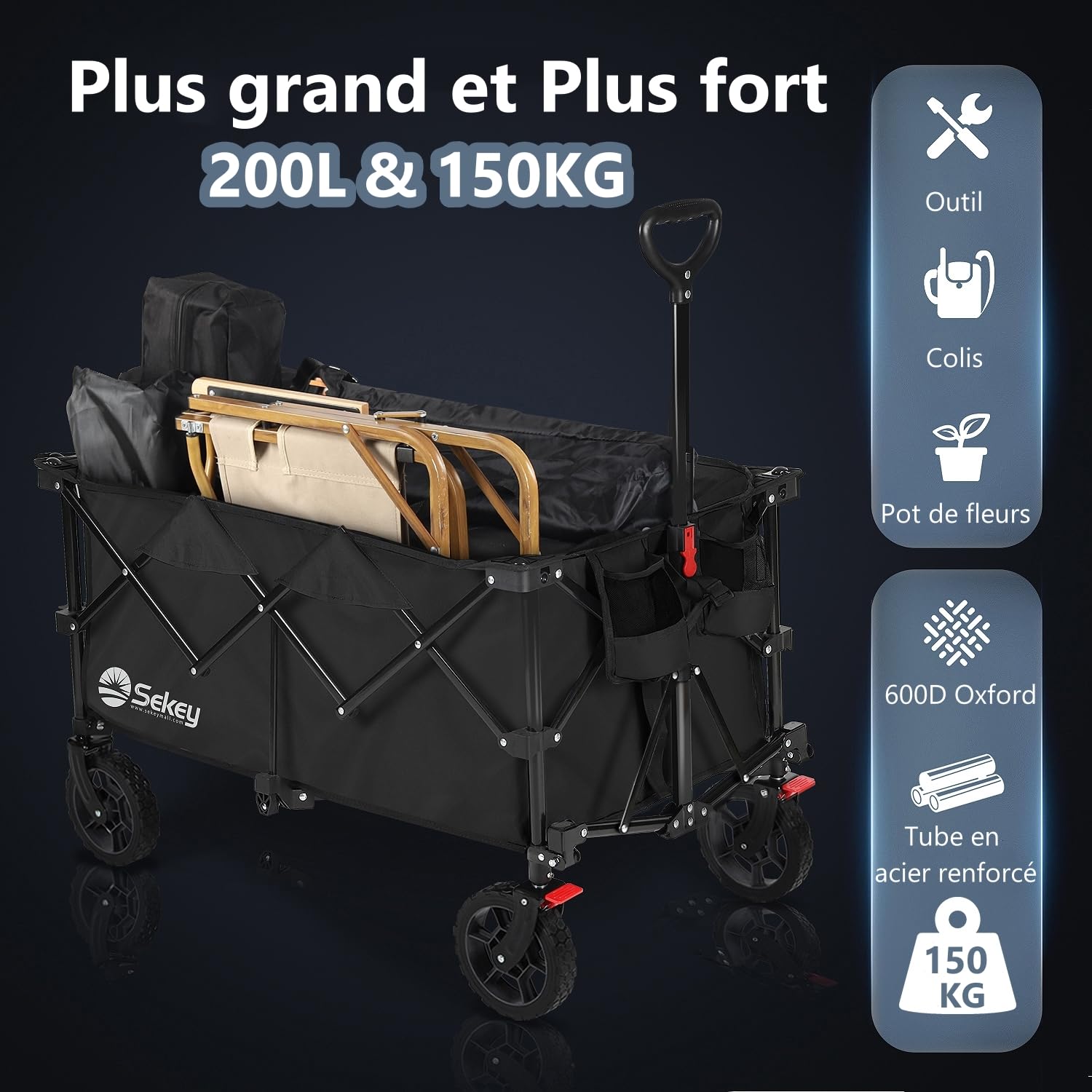 Sekey XXL Plus Chariot Pliable de Jardin 200L 150KG, Chariot de Transport Tout-Terrain avec Freins, Breveté Pliable dans Quatre Directions SE4010, Noir Profond