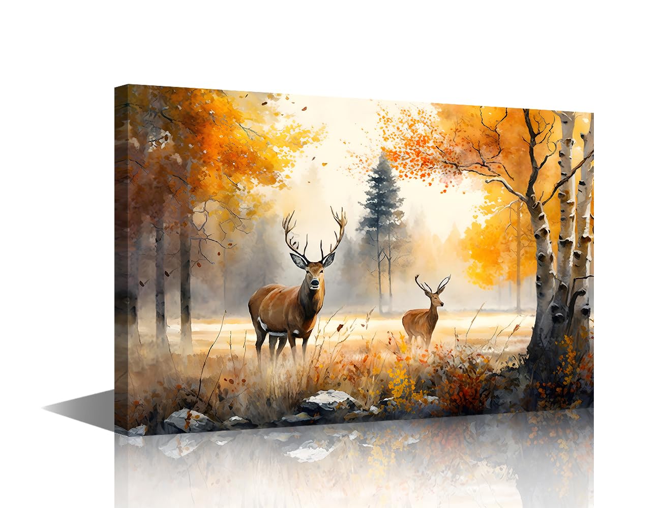 TISHIRON Forest in Autum Wall Art Deer Wall Decor 1 Panel Trees and Wildflowers Wall Pictures for Living Room Home Decor Artwork Stretched with Wooden Frame Ready to Hang (16''Wx 24''H)
