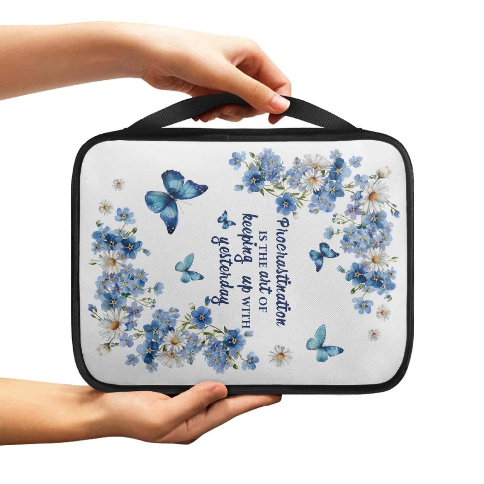 Custodia Libro Farfalla Blu Florale Copertura Bibbia con Manico Cerniera Tela in Poliestere per Uomo Donna Porta Libro Grandi Capacità Custodia per Libri 27.5x22.5x5.5 cm