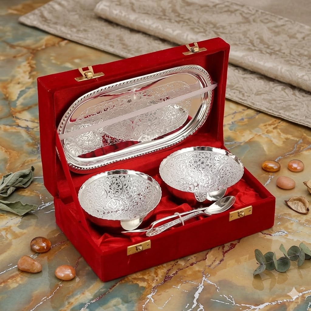 Silver Plated Bowl Set with Tray and Spoons in Velvet Box | Engraved Floral Design, 2 Bowls & 2 Spoons, Oval Tray Included, Red Velvet Box, Festive Occasion Set-image-44