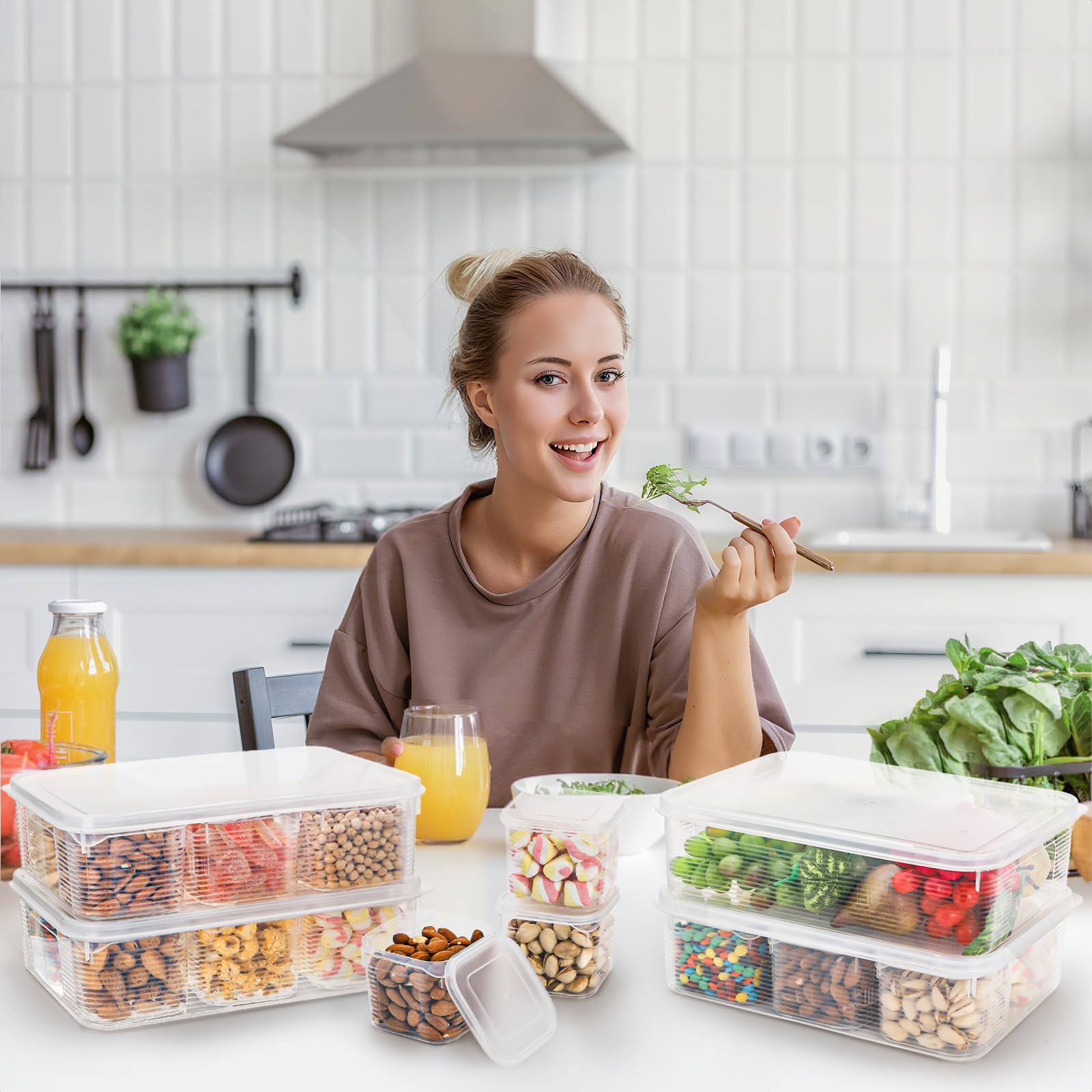 Confezione da 4 contenitori per insalata per frigorifero, contenitori per alimenti con coperchio, organizer per frigorifero diviso riutilizzabile, scatola per la preparazione dei pasti con 6