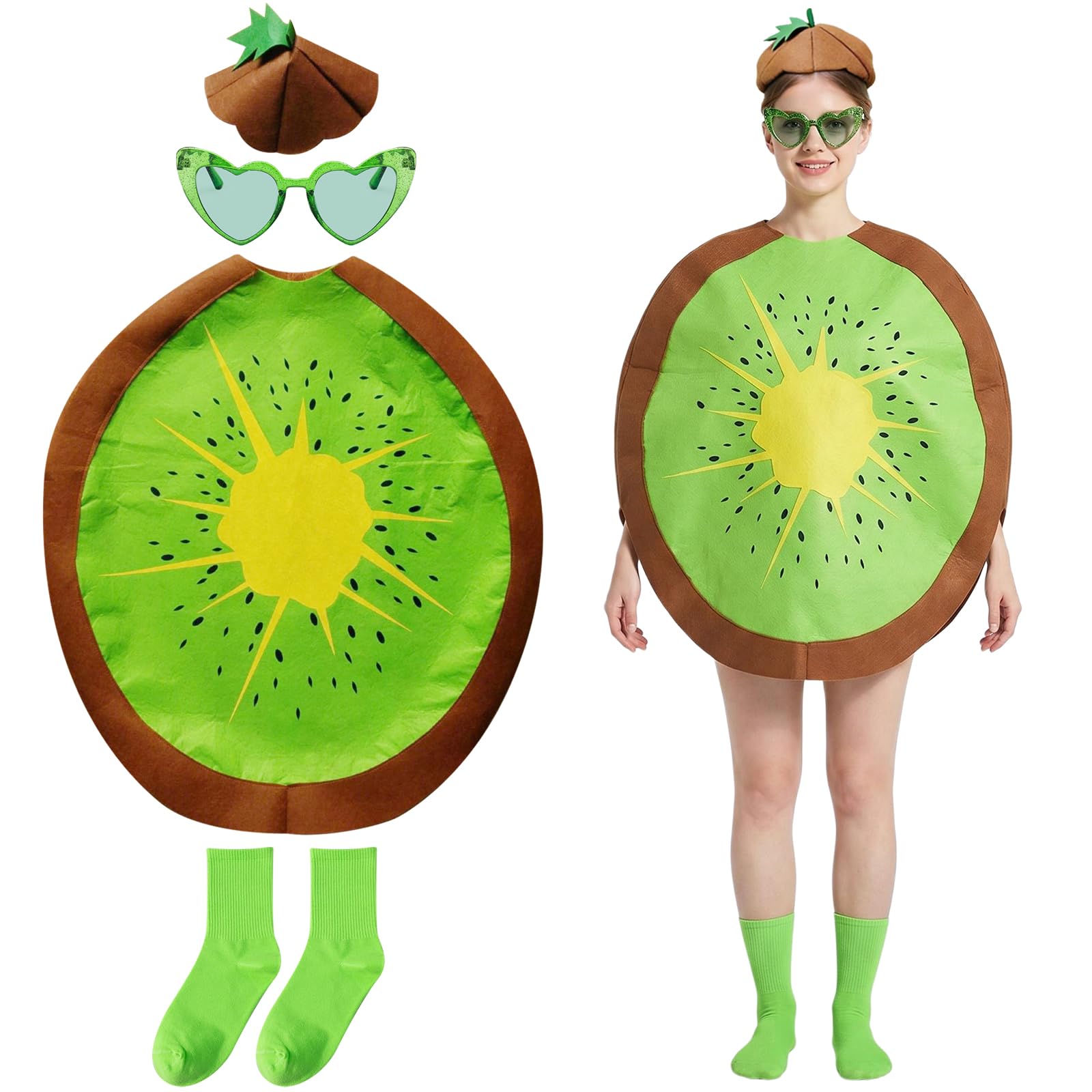 Pineapple Suit for Kiwi - Funny Fruit Costume Lightweight and Comfortable Adult Costume - Hat, Socks, Dress and Glasses for Halloween Theme Parties Cosplay and Fun Events