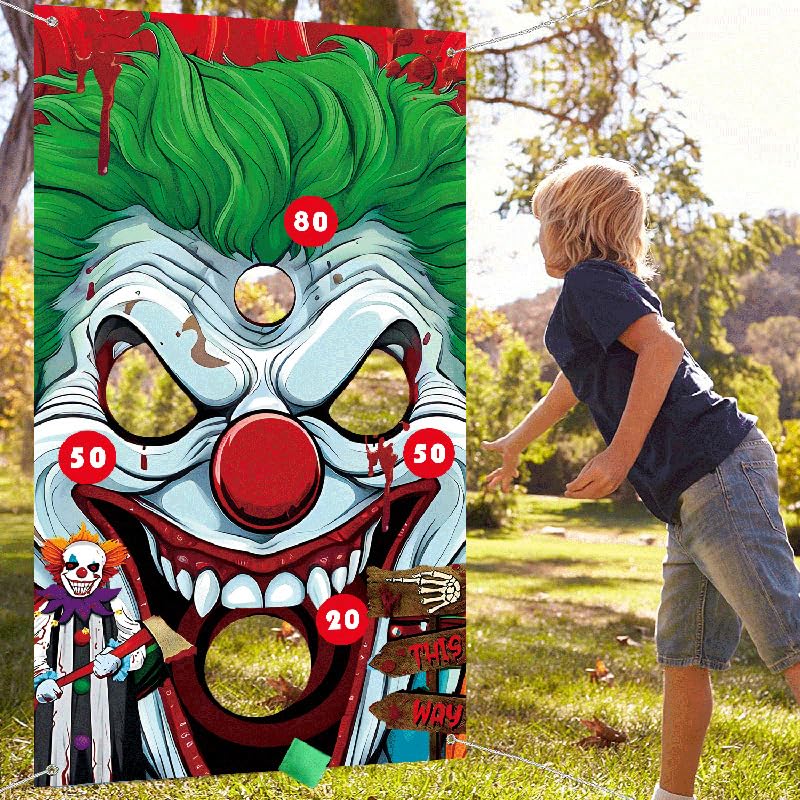 Halloween Games, Funny Clown Toss Game, with 4 Bean Bags, Premium Banner, Accessories, Storage Bag, Carnival Halloween Party Games for Kids Teen Adults, for Indoor or Outdoor, Ideal Party Decorations