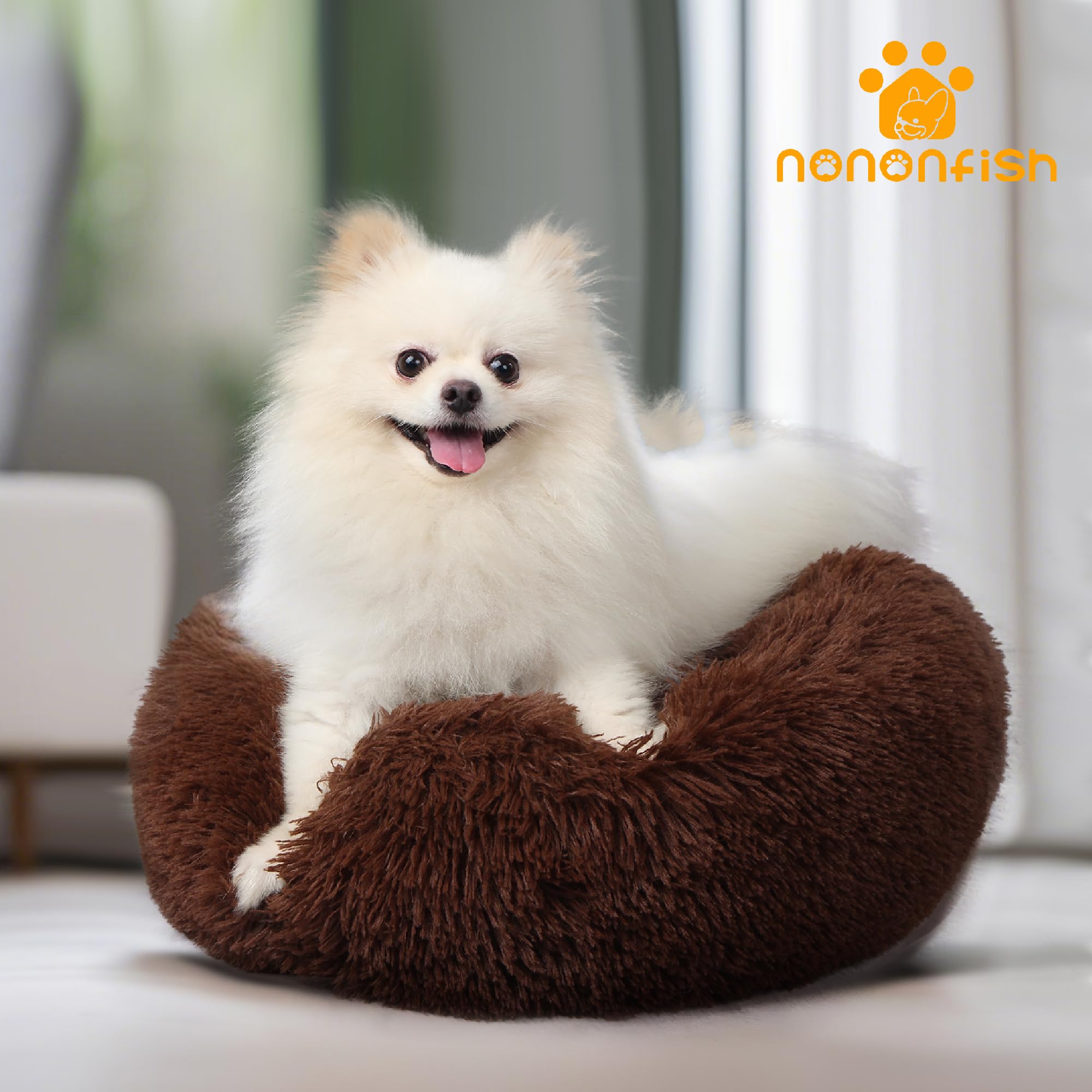 Calming Donut Dogs Beds for Small Dogs Washable,19inch Fluffy Round Puppy Bed for Puppies,Cats & Toy Breeds with Raised Rim,Fits up to 15 lbs Pets,Chocolate Brown