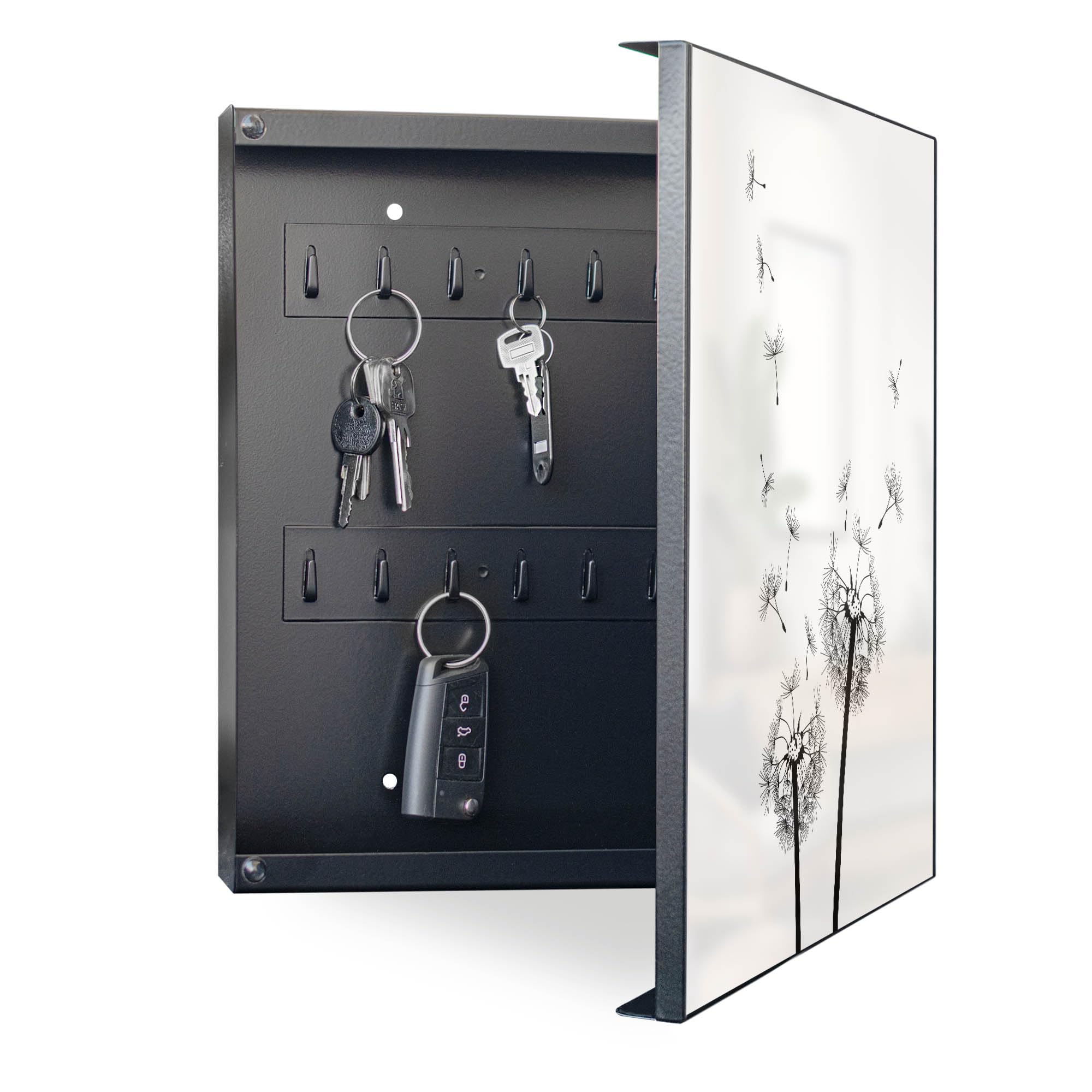 banjado Großer Schlüsselkasten Metall - Schlüsselbox 30x30cm beschreibbarer mit 32 Haken - Schlüsselkasten modern für Schlüsselaufbewahrung - Korpus Schwarz Scharnier Rechts - Motiv Pusteblume 2