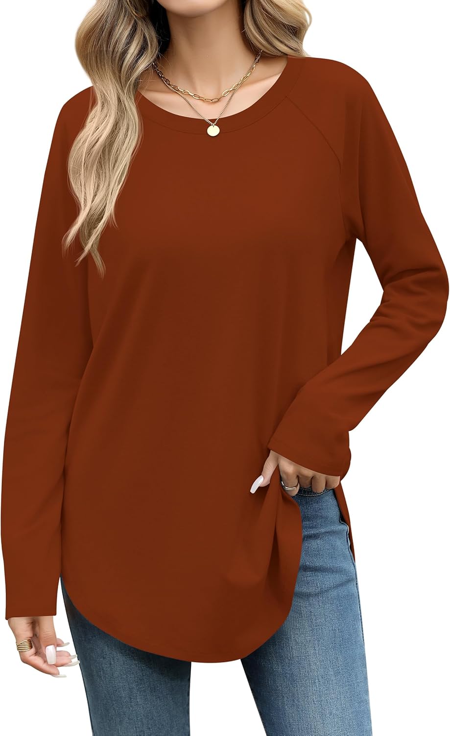 Laughido Women's Casual Raglan Long Sleeve Tunic Round Neck Curved Hem Loose Fit 2025 Basic Long Sweatshirt