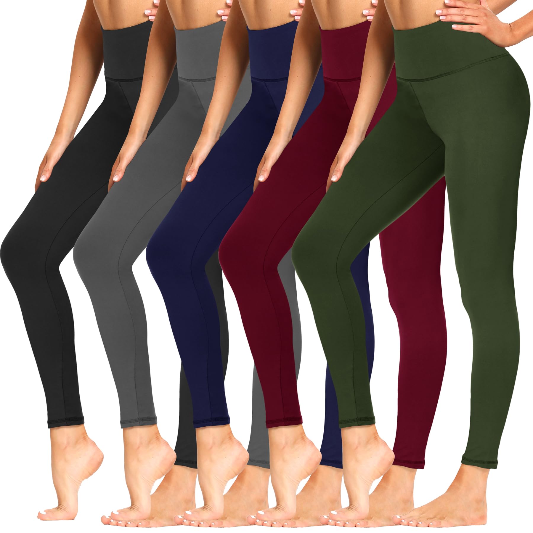 Sundwudu Confezione da 5 leggings con tasche da donna, per controllo della pancia, a vita alta, morbidi, neri, per allenamento e yoga
