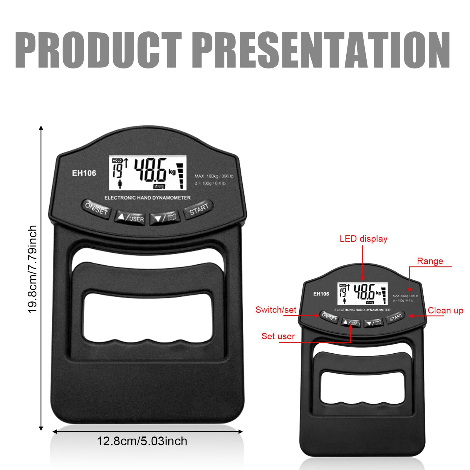 Powermètre numérique portatif, 180 kg, dynamomètre manuel, appareil de mesure de la force de préhension électronique, grand écran LED avec câble de charge USB, intelligent et sensible