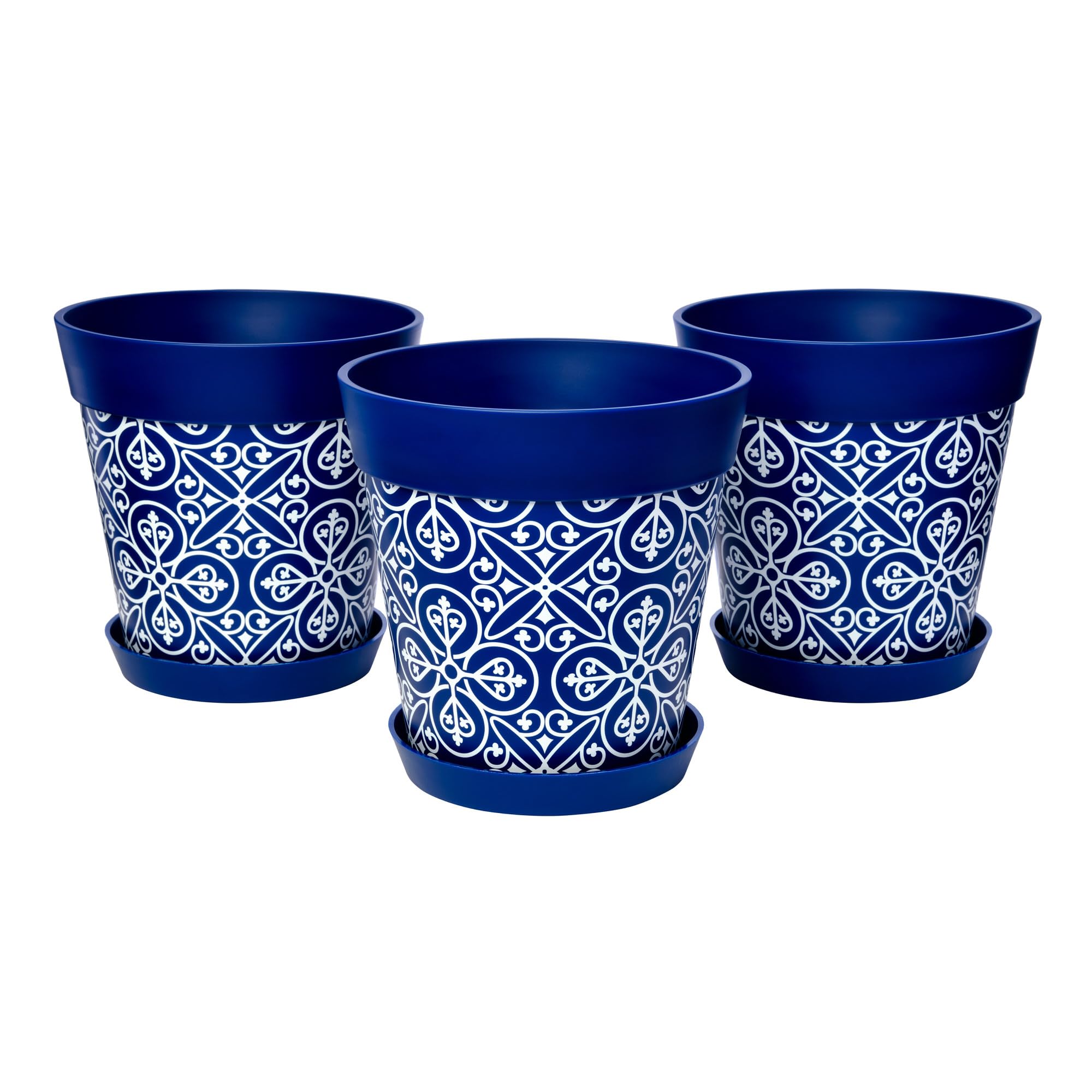 Hum Flowerpots Blue Maroc Set Of 3 Plastic, Indoor/Outdoor Plant Pots 22Cm Diameter And 3 Saucers 17Cm Diameter (Blue Maroc)