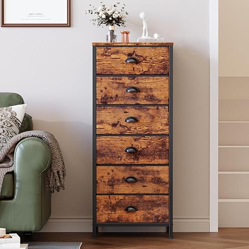 Miniatura 2 de Furnulem Cómoda alta con 6 cajones, mesa auxiliar vertical y mesita de noche para dormitorio, muebles de noche industriales con organizador de